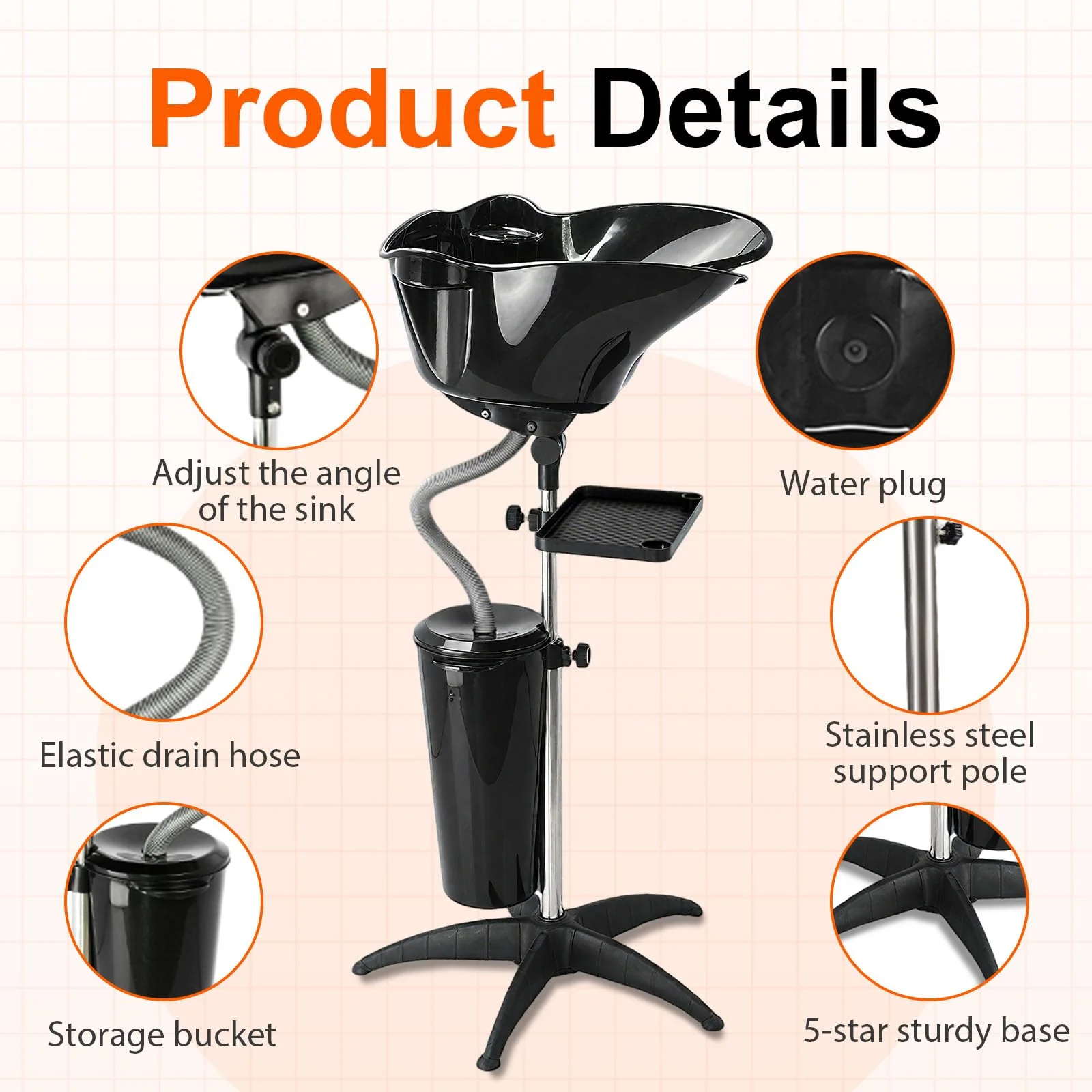 HYZSWGC Portable Salon Shampoo Bowl, Height Adjustable Hair Washing Basin with Drain Hose, Black - Image 8