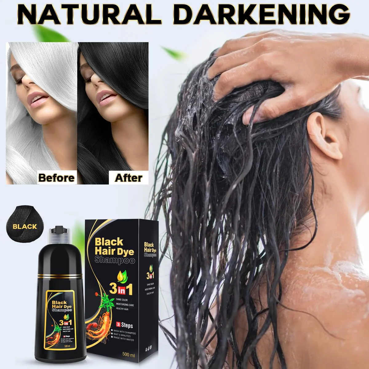 IIIMEIDU Black Hair Dye Shampoo 3 in 1 for Gray Hair, Herbal Ingredients Shampoo Black Hair Dye for Women Men, Grey Coverage Shampoo 500ml - Image 2