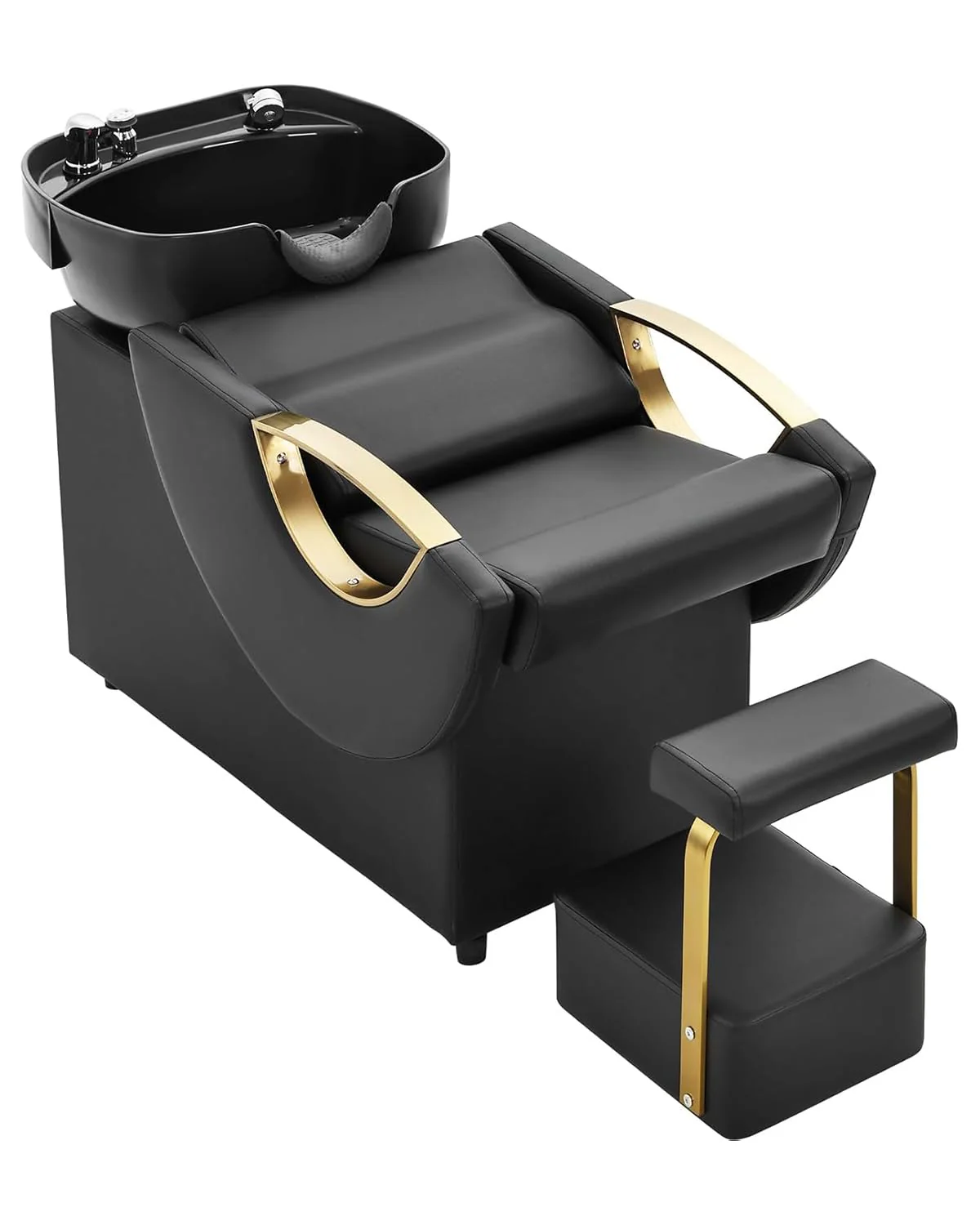 IJIALIFE Salon Shampoo Bowl and Chair Set with Footstool – Modern Black & Gold Barber Backwash Chair, Heavy Duty 450lbs Hair Washing Chair with Deep ABS Basin & Neck Rest for Spa Beauty Stylist
