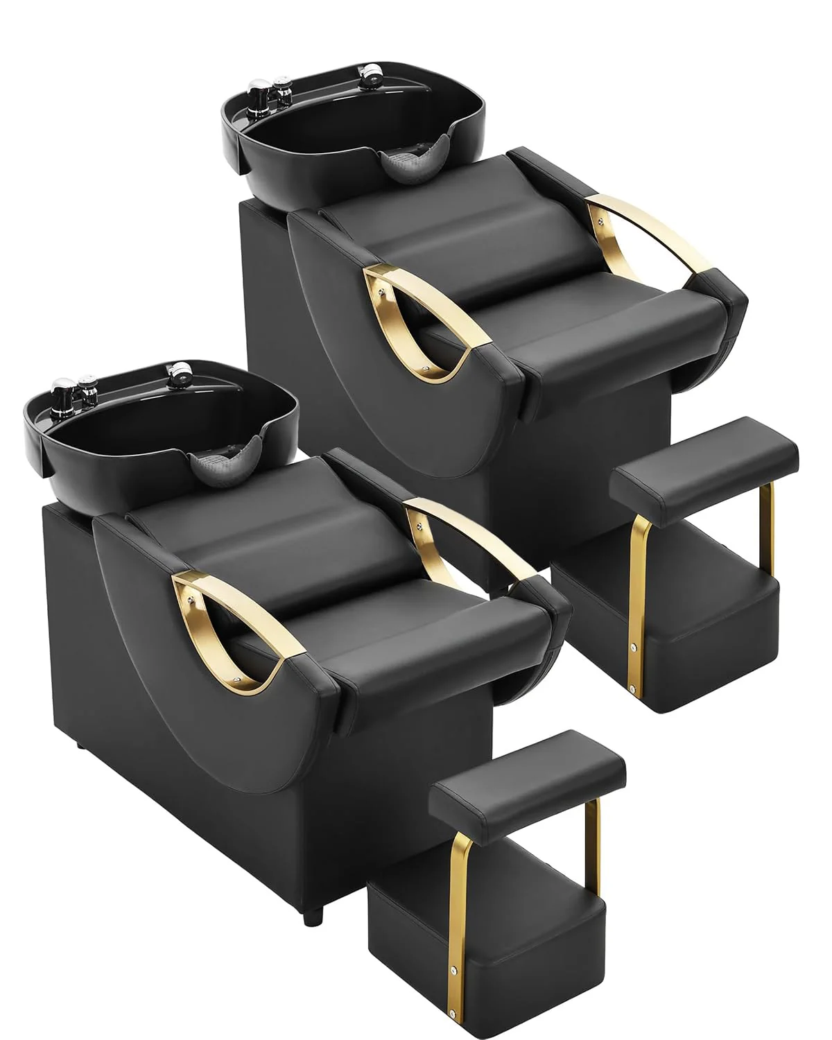 IJIALIFE Shampoo Bowl and Chair Set for Salon – Backwash Barber Sink Station with Footstool & Gold Armrests – Heavy Duty 450lbs Hair Washing Chair with Deep Basin & Neck Rest for Spa Beauty Stylist