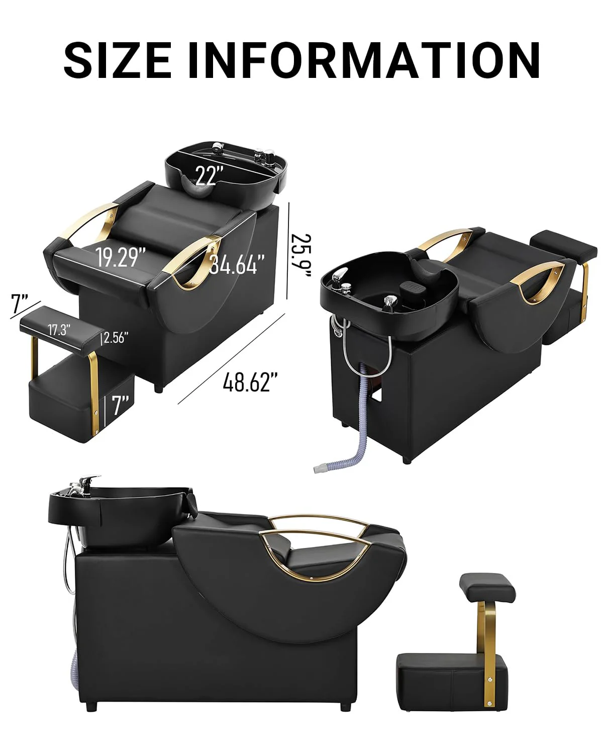 IJIALIFE Shampoo Bowl and Chair Set for Salon – Backwash Barber Sink Station with Footstool & Gold Armrests – Heavy Duty 450lbs Hair Washing Chair with Deep Basin & Neck Rest for Spa Beauty Stylist - Image 2