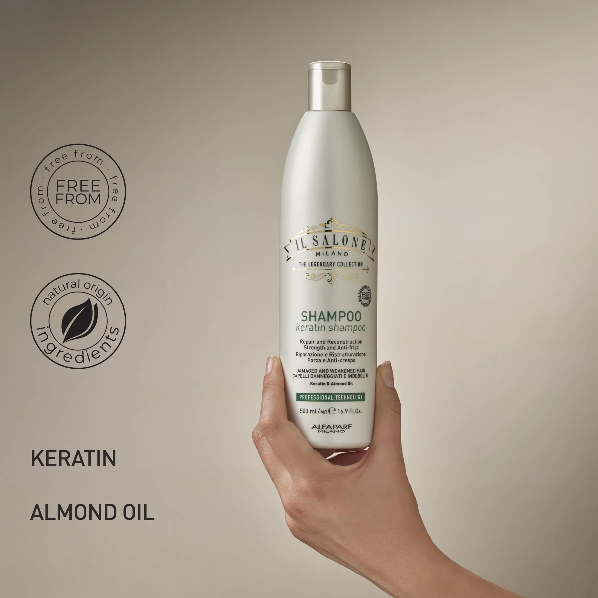 Il Salone Milano Professional Keratin Shampoo for Damaged Hair - Hair Repair Shampoo - Frizz Control - Made with Almond Oil & Vitamin E - Salon Quality Haircare (16.9 oz / 500 ml) - Image 3