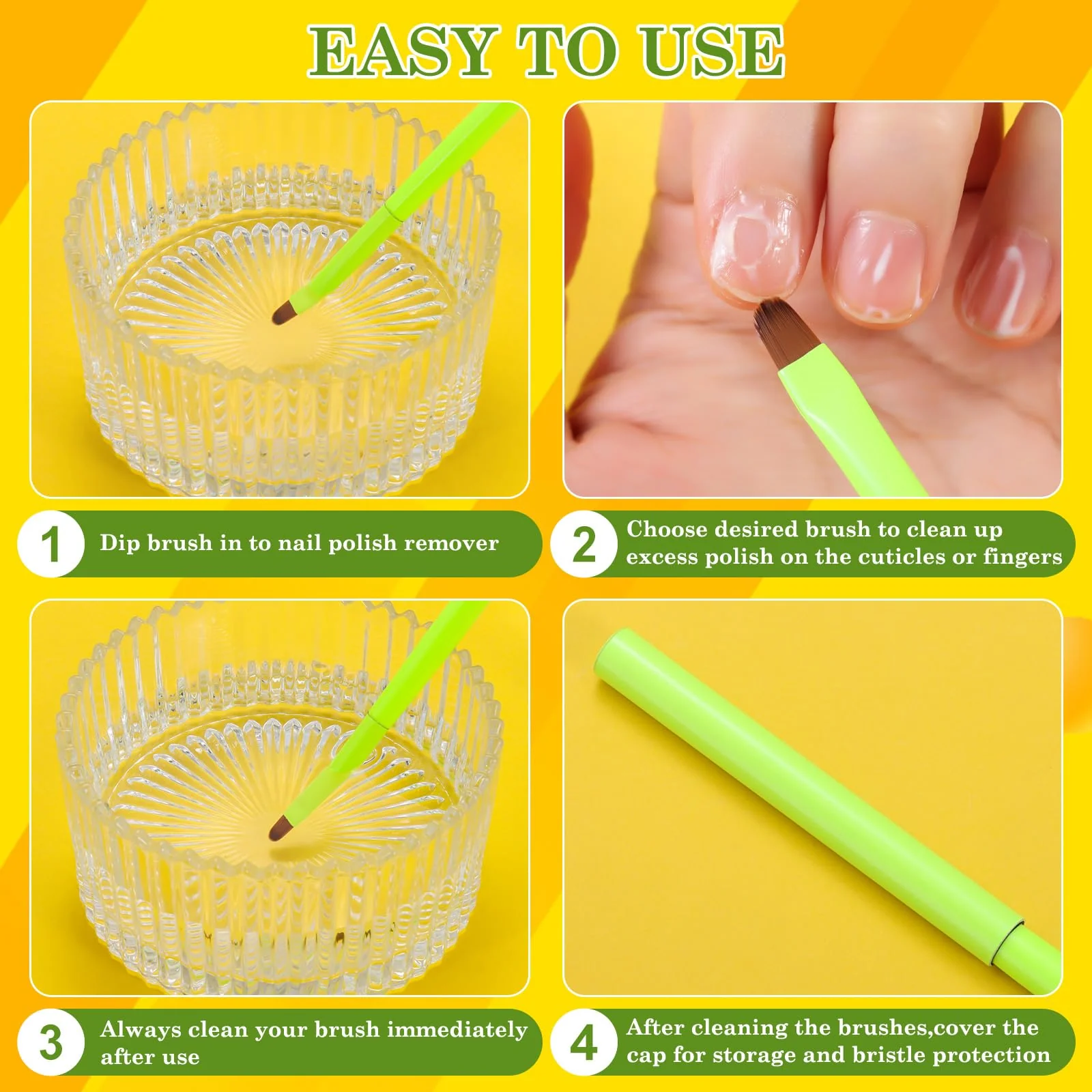 INENK 3PCS Nail Clean Up Brushes for OPI Nail Polish Remover, Brushes for Cleaning Polish Mistakes on the Cuticles, Acetone Resistant Nail Brush for Nail Art and Designs（Fluorescent Green ） - Image 3