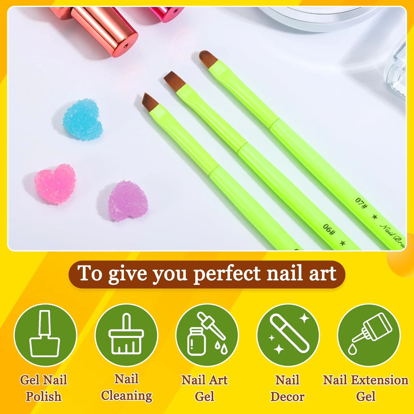 INENK 3PCS Nail Clean Up Brushes for OPI Nail Polish Remover, Brushes for Cleaning Polish Mistakes on the Cuticles, Acetone Resistant Nail Brush for Nail Art and Designs（Fluorescent Green ） - Image 8