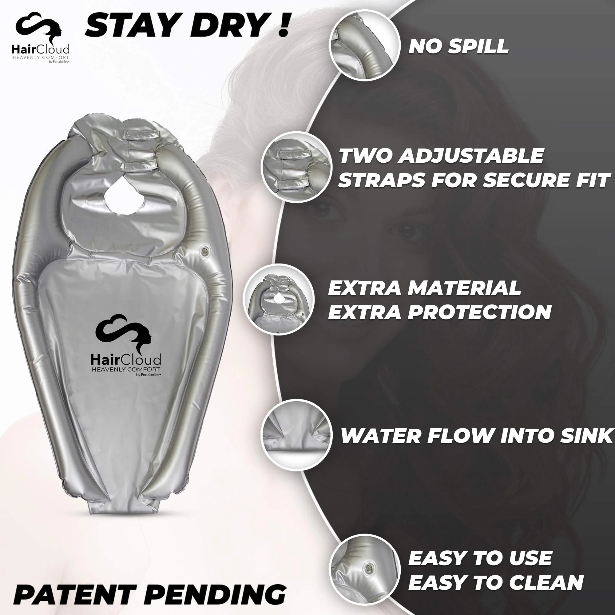 Inflatable Hair Washing Funnel for Shampooing Hair in Any Chair and Basin. Portable Tray Device to Use at Home, in Salon, Nursing Home or Hospital Cape to Help Keep Clothes Dry Pump Included! - Image 5