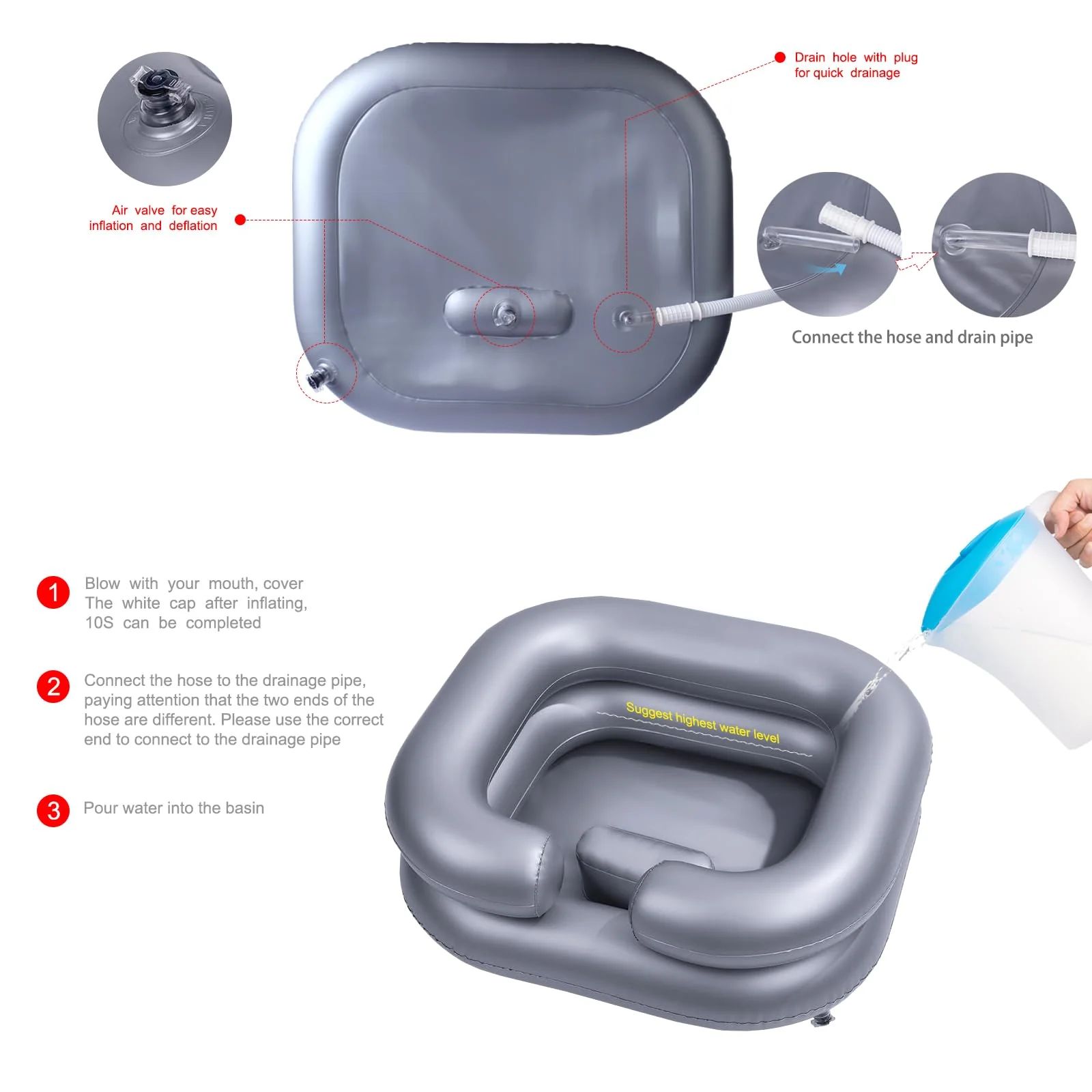 Inflatable Shampoo Basin for Bedridden and Disabled,Portable Shampoo Bowl for Injured, Hair Washing Basin for Childred,Pregnant Woman,Easy Hair Washing at Home (Silvery) - Image 2