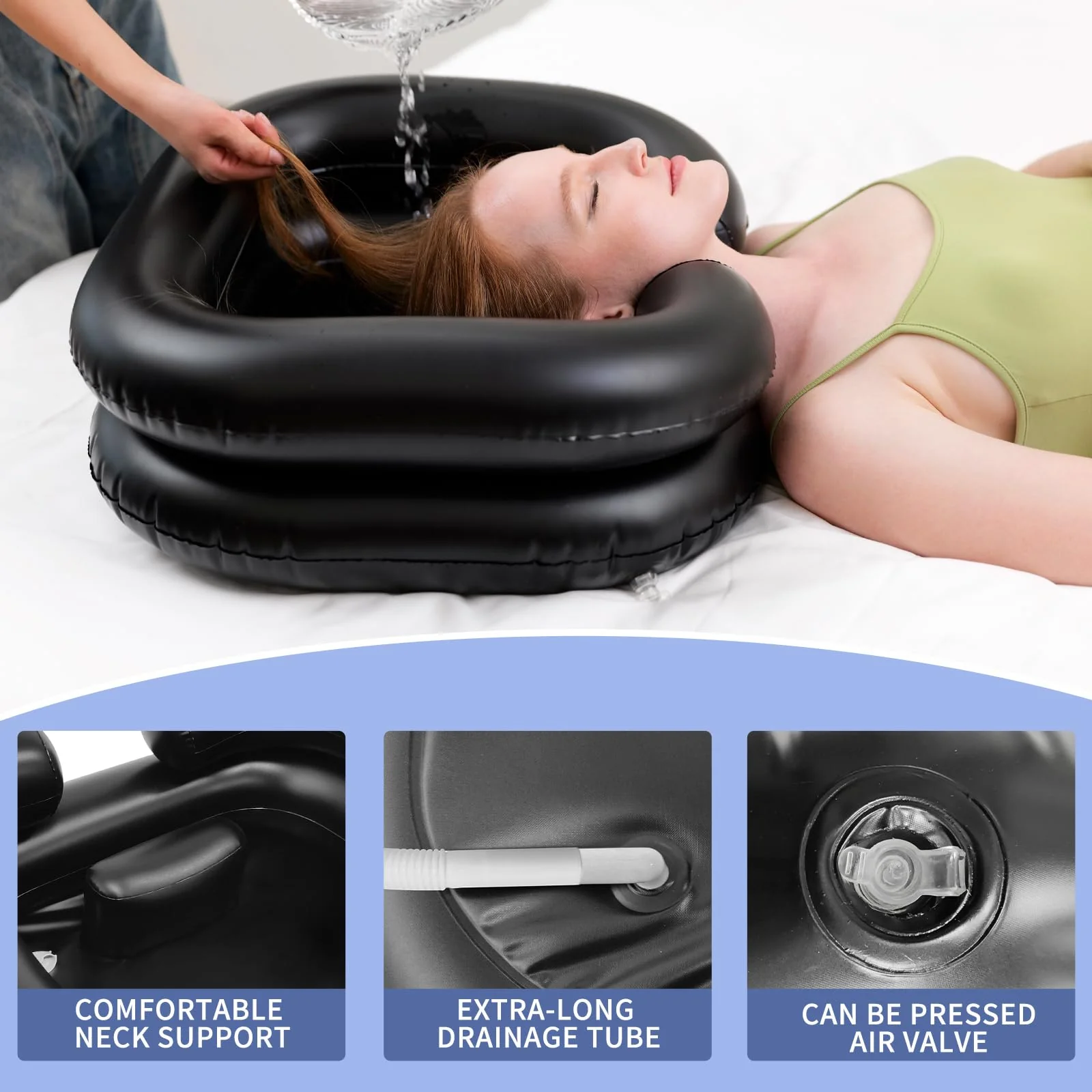 Inflatable Shampoo Basin, Portable Shampoo Bowl with Neck Support and Drain Hose for bedridden People, Portable Shampoo Sink for The Elderly, Disabled, Pregnant Women, Injured People (Black) - Image 2
