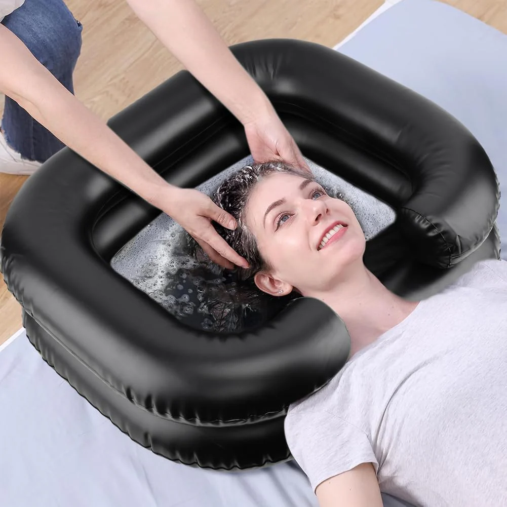 Inflatable Shampoo Basin, Portable Wash Hair in Bed with Inflatable Shampoo Bowl Include Massage Comb1*Pump 20*Ear Muffs for Bedridden Disabled Injured Elderly(Color:Black) - Image 4