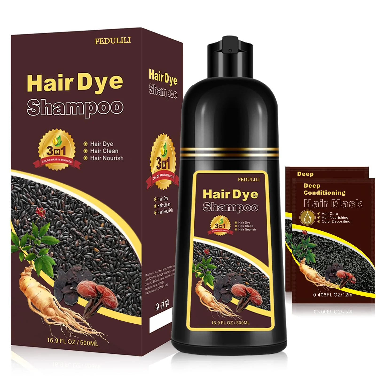 Instant Black Hair Dye Shampoo, Natural 3-in-1 for Gray Coverage in 10-15 mins, Long-Lasting Color Effect for Women and Men, 16.9 Fl Oz (Black)