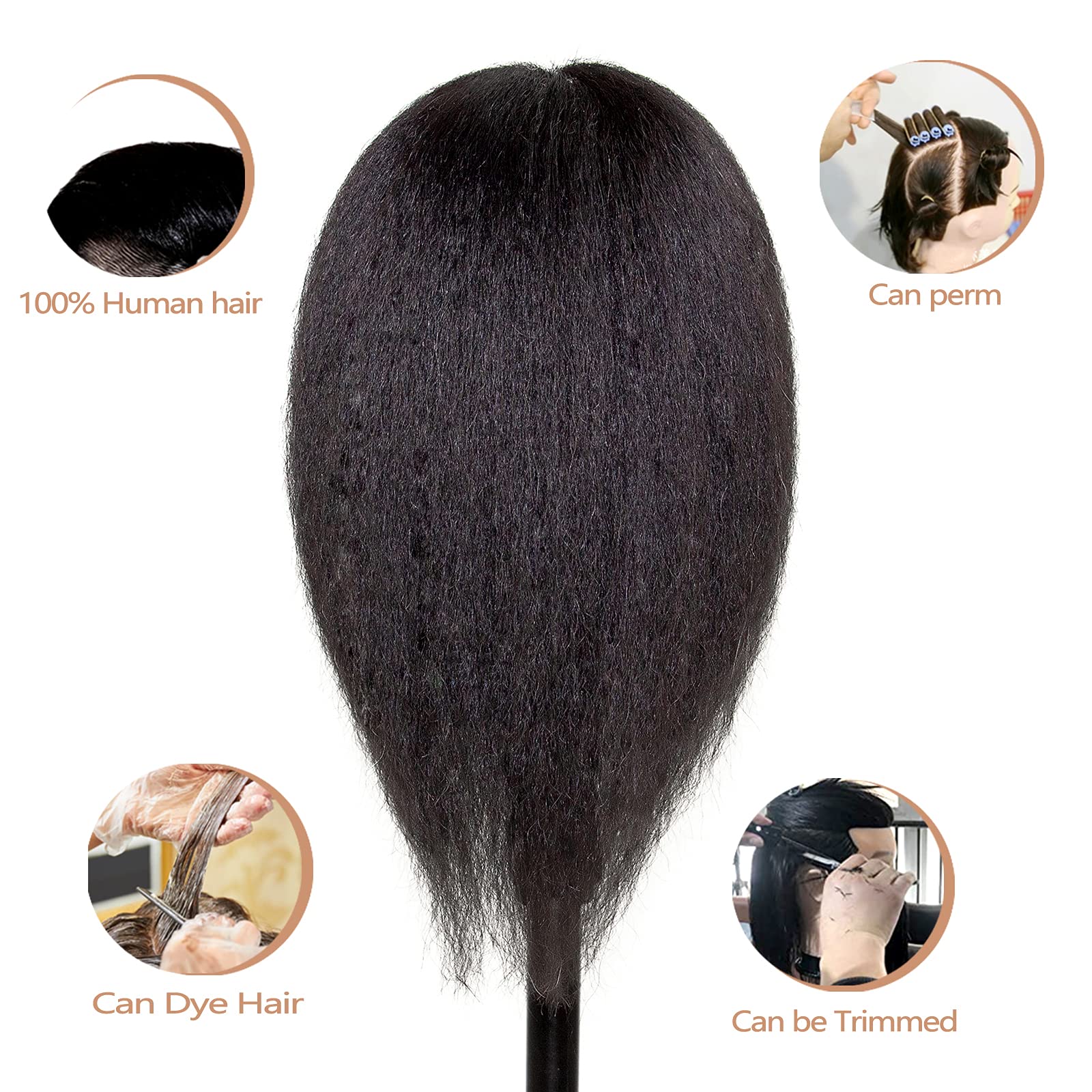 JMHAIR Mannequins Head 16" 100% Real Hair For Manual Braiding Styling Practice Hairdresser School Manikin Head Curling Dyeing Hairdresser Cosmetology Doll Head Training Head- Female Black - Image 4