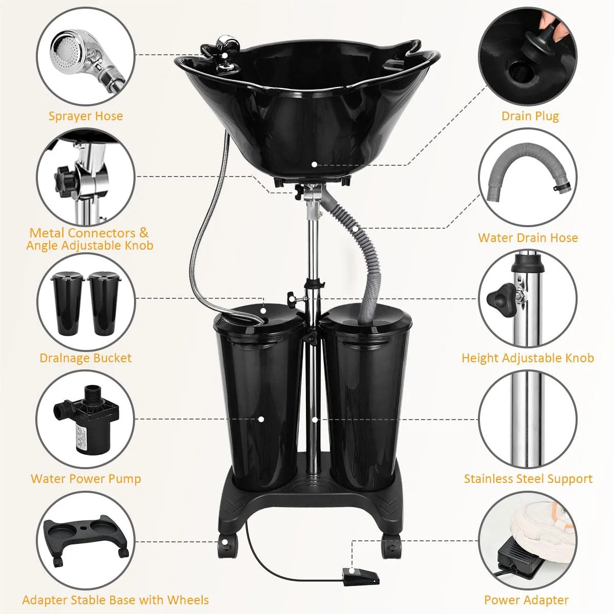 johgee Adjustable Portable Shampoo Bowl with Electric Pump,Hair Washing Station Sink with Buckets&Drain Hoses,Portable Wash Bowl for Hairstylist,Portable Salon Sink Hair Wash Basin for Home Barber Use - Image 7