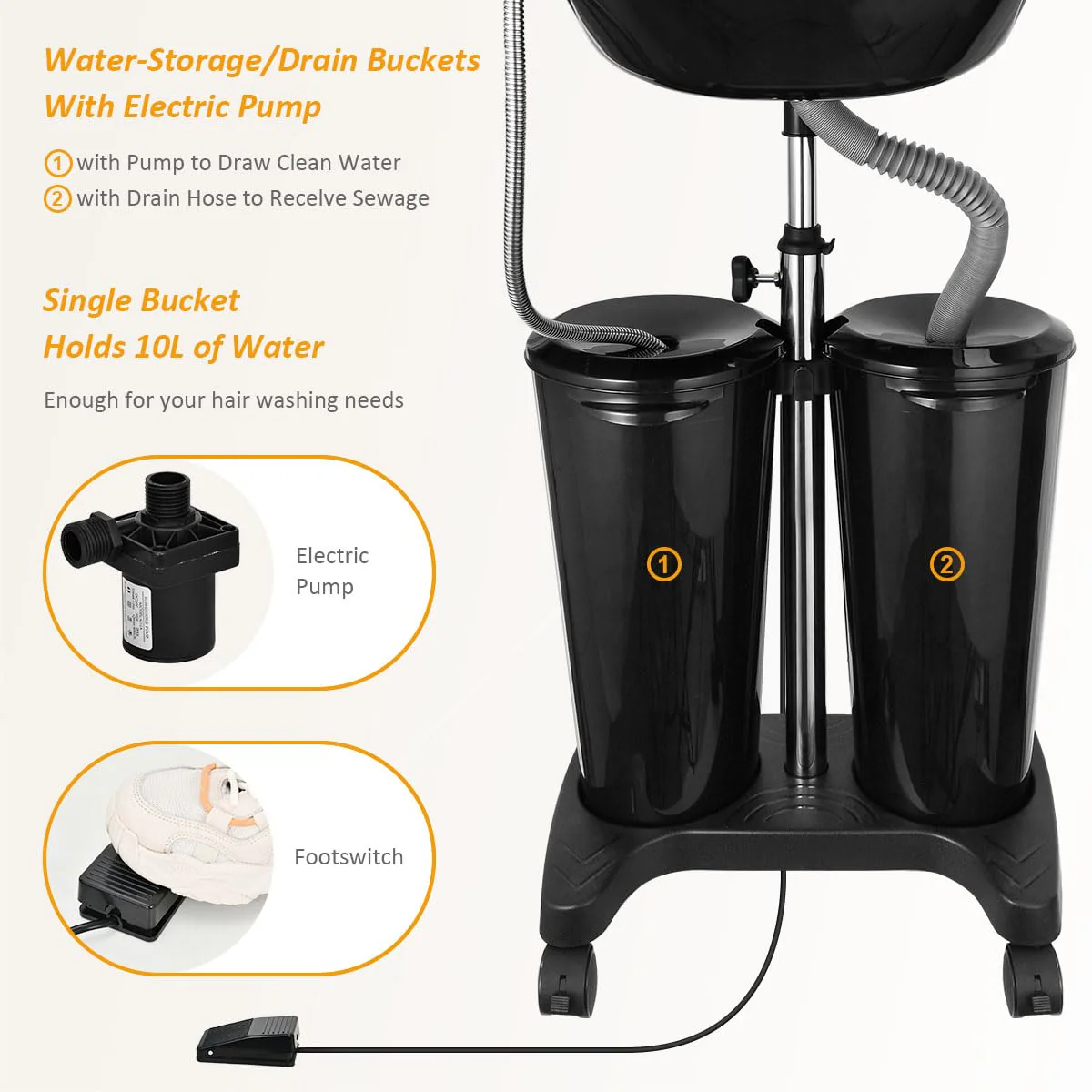 johgee Portable Shampoo Bowl with Electric Pump, Plastic Shampoo Unit with 2 Bucket and Drain Hoses, Basin Height Adjustable Portable Salon Sink for Home Salon Use - Image 4