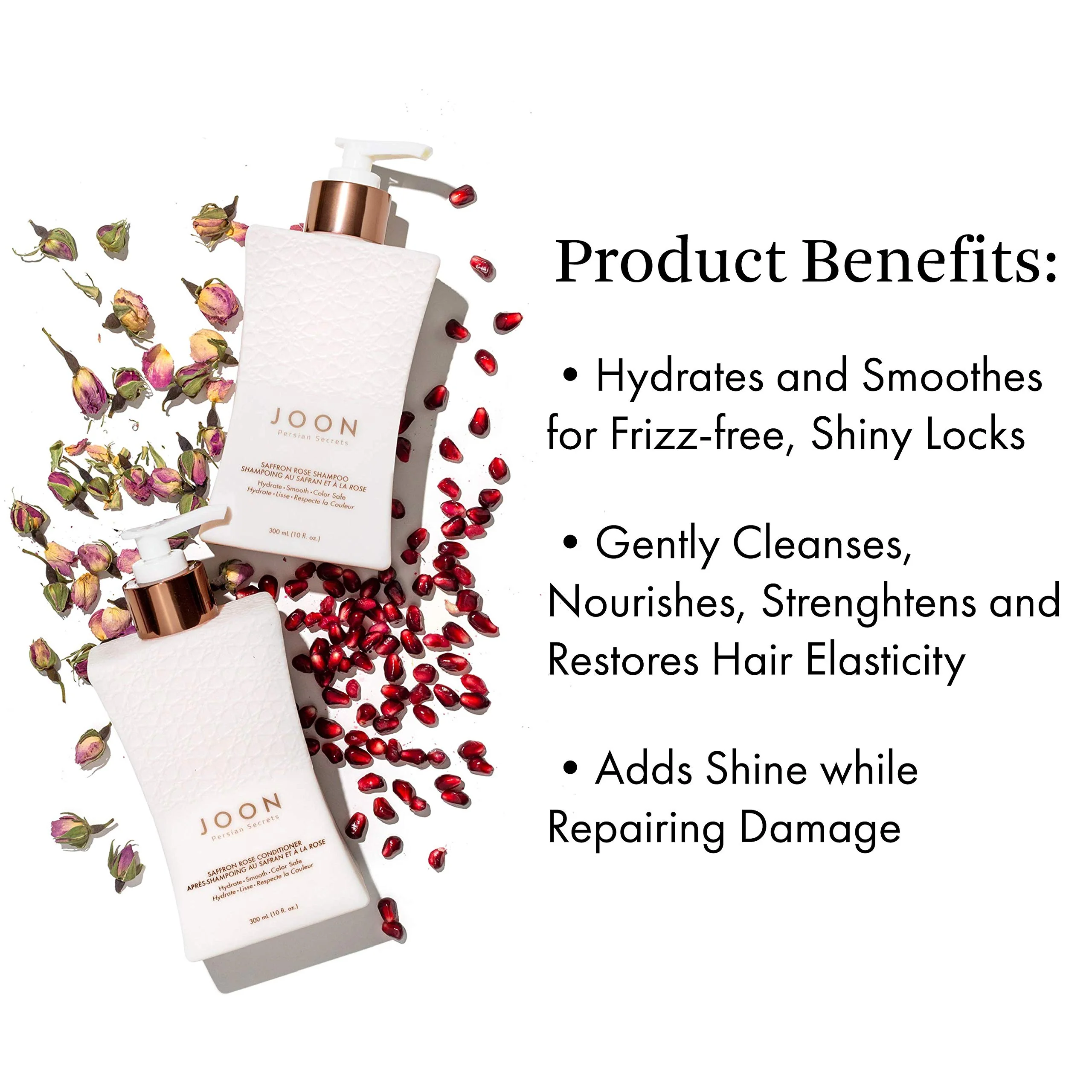 Joon Moisturizing Trio Set | 1.1oz Saffron Hair Elixir, 10.1oz Saffron Rose Shampoo and Conditioner - Image 2