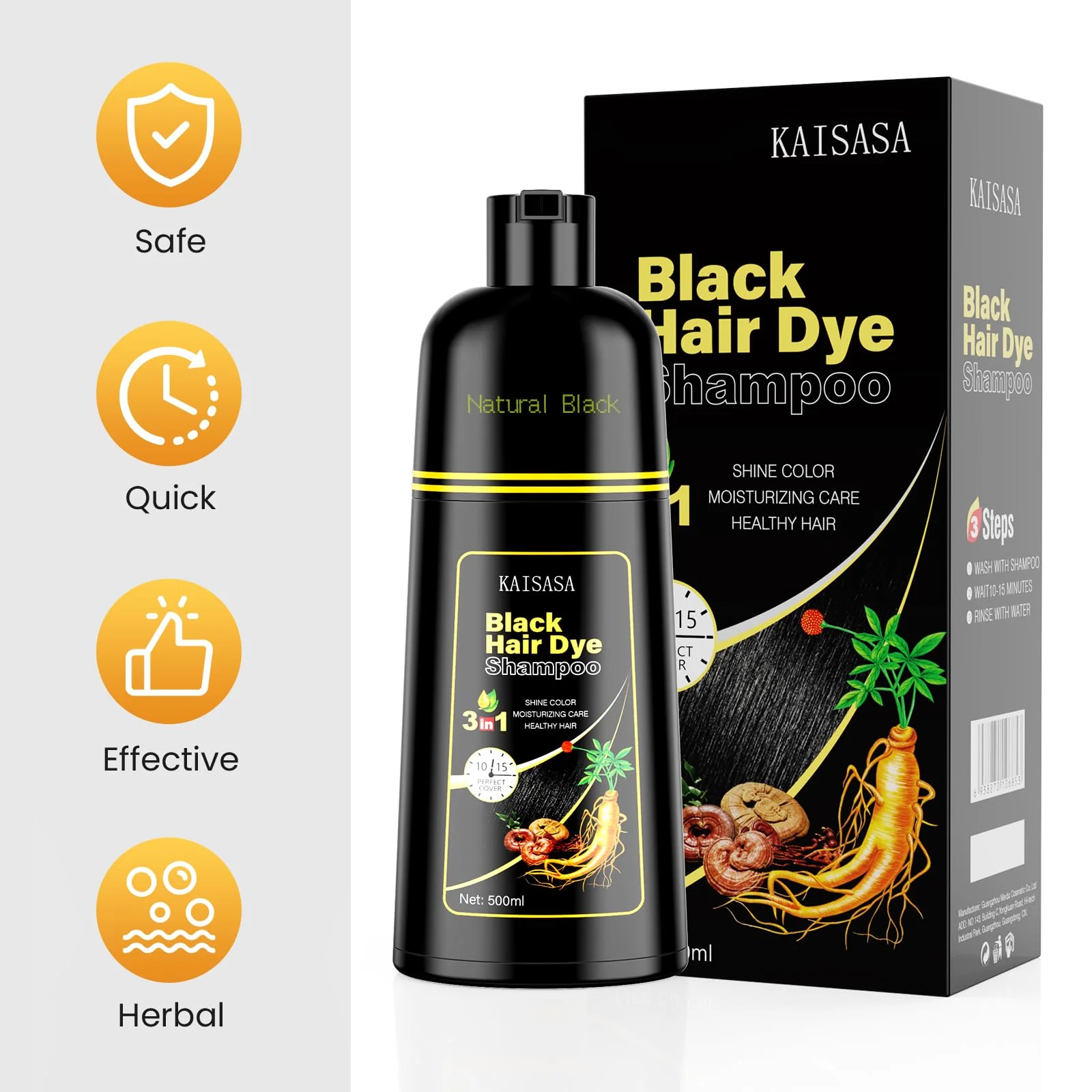 KAISASA Black Hair Dye Shampoo 3 in 1, Hair Color Shampoo for Women and Men, Hair Dye to Cover Gray Hair, Herbal Ingredient Shampoos for Grey Hair Coverage 500ml (Black) - Image 7