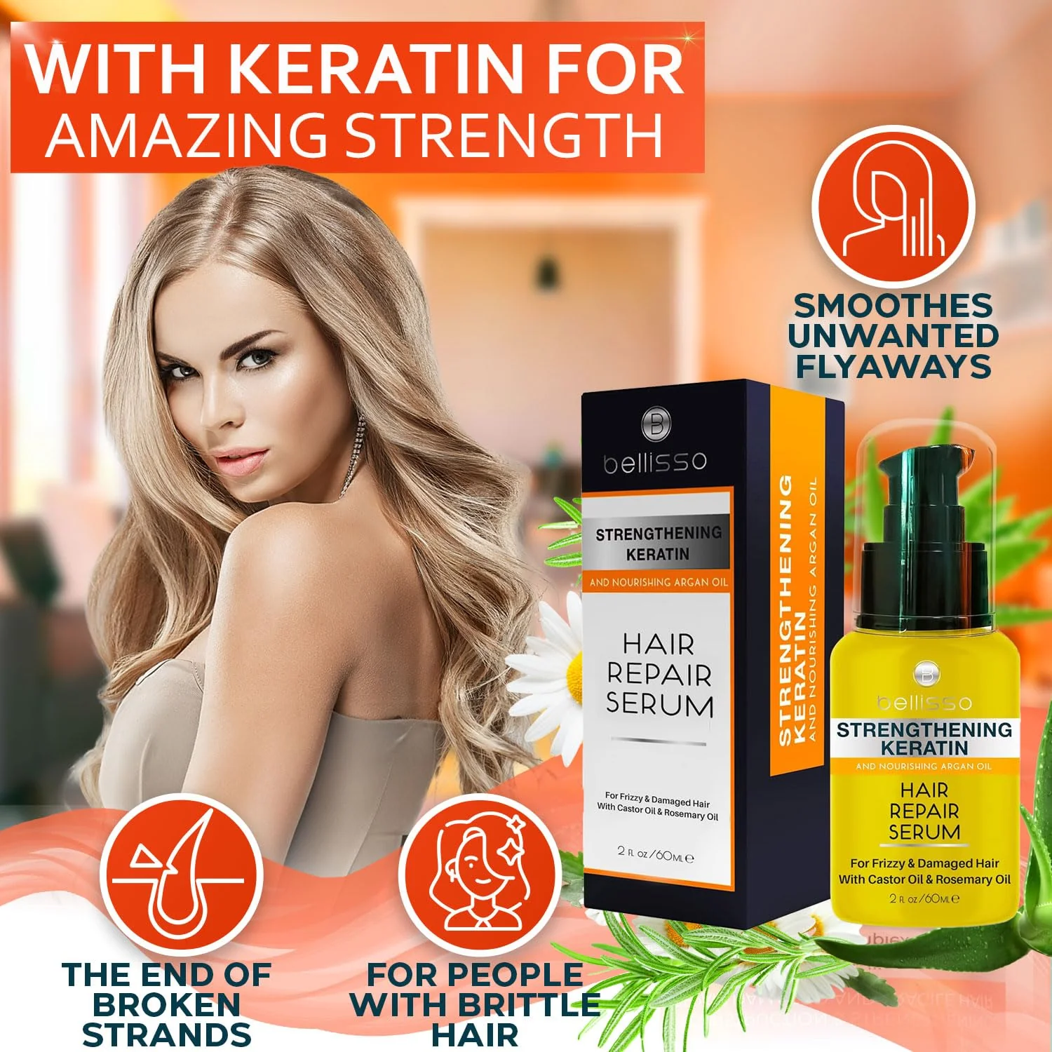 Keratin Hair Serum - Heat Protection Treatment and Anti Frizz Control - Protectant Oil and Straightener for Frizzy and Damaged Split Ends - Smoothing Products for Shine, Advanced Care for Women - Image 2