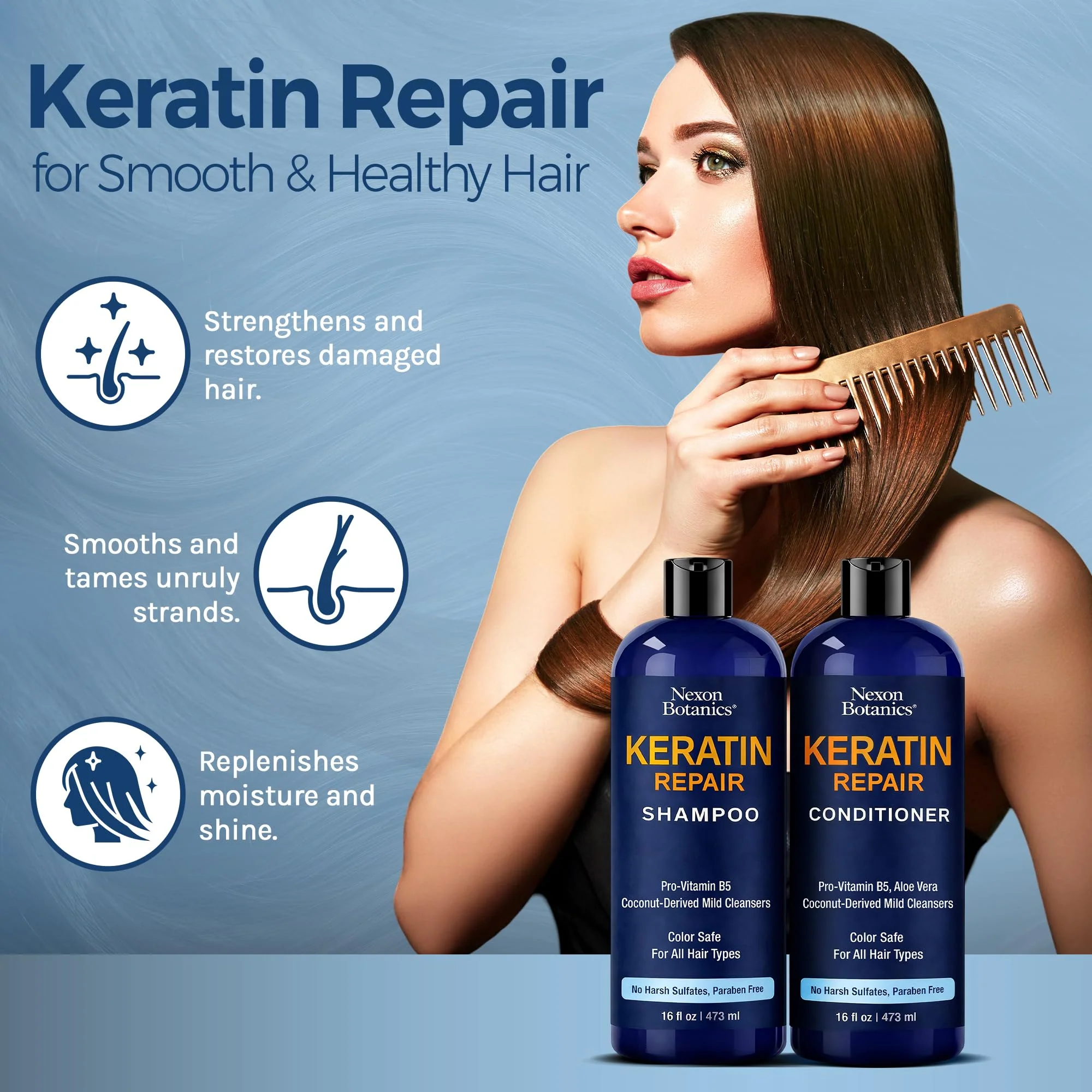 Keratin Shampoo and Conditioner Set 16 fl oz Each - Strengthening & Smoothing Care for Dry, Damaged, Frizzy or Keratin-Treated Hair - Color Protecting - Champu Cabello con Keratina - Nexon Botanics - Image 3