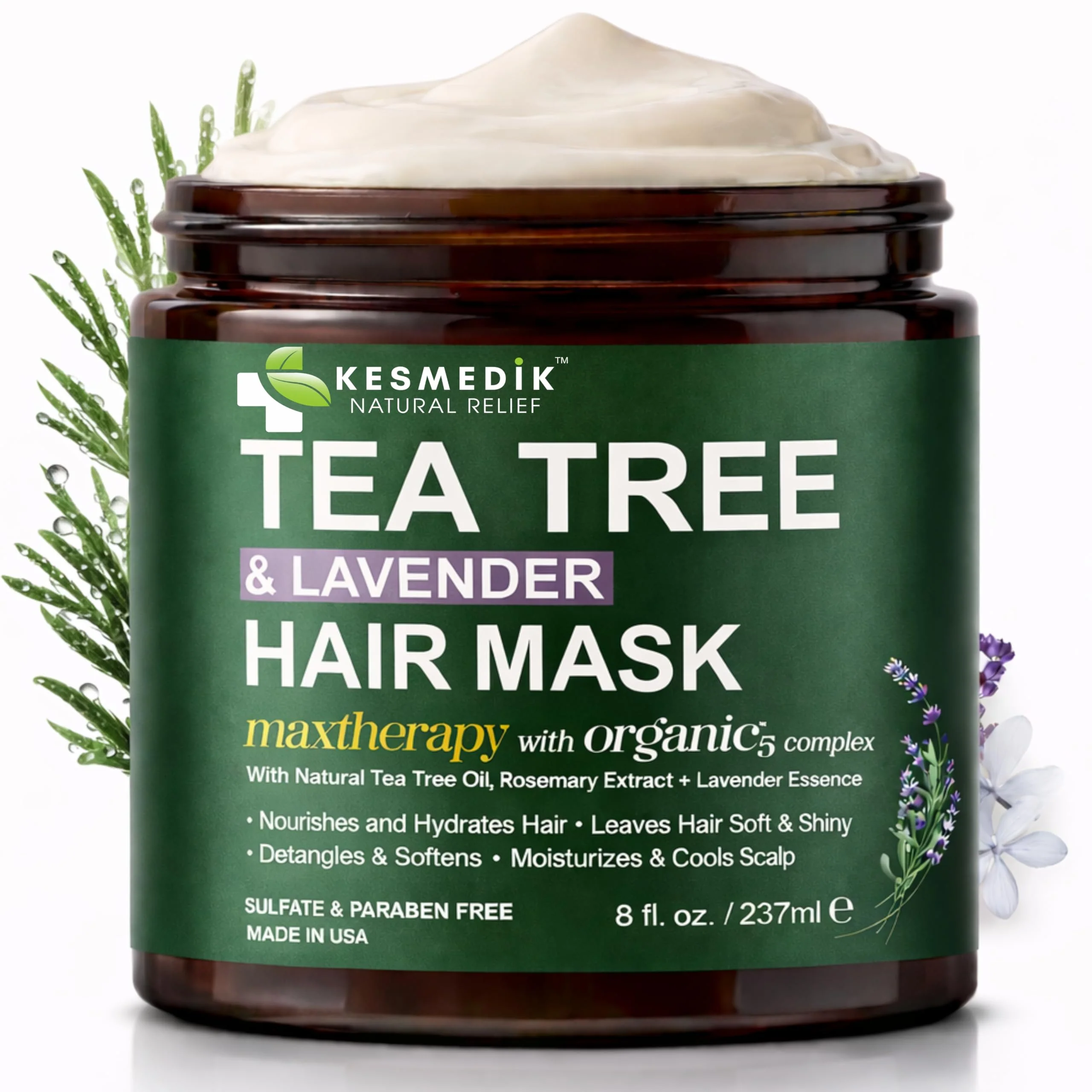KESMEDIK Tea Tree Hair Mask with Rosemary & Lavender, Deep Conditioning Treatment for Dry, Damaged, Coarse Hair, Hydrating Hair Mask with Itchy Scalp Relief, Men & Women, Sulfate-Free
