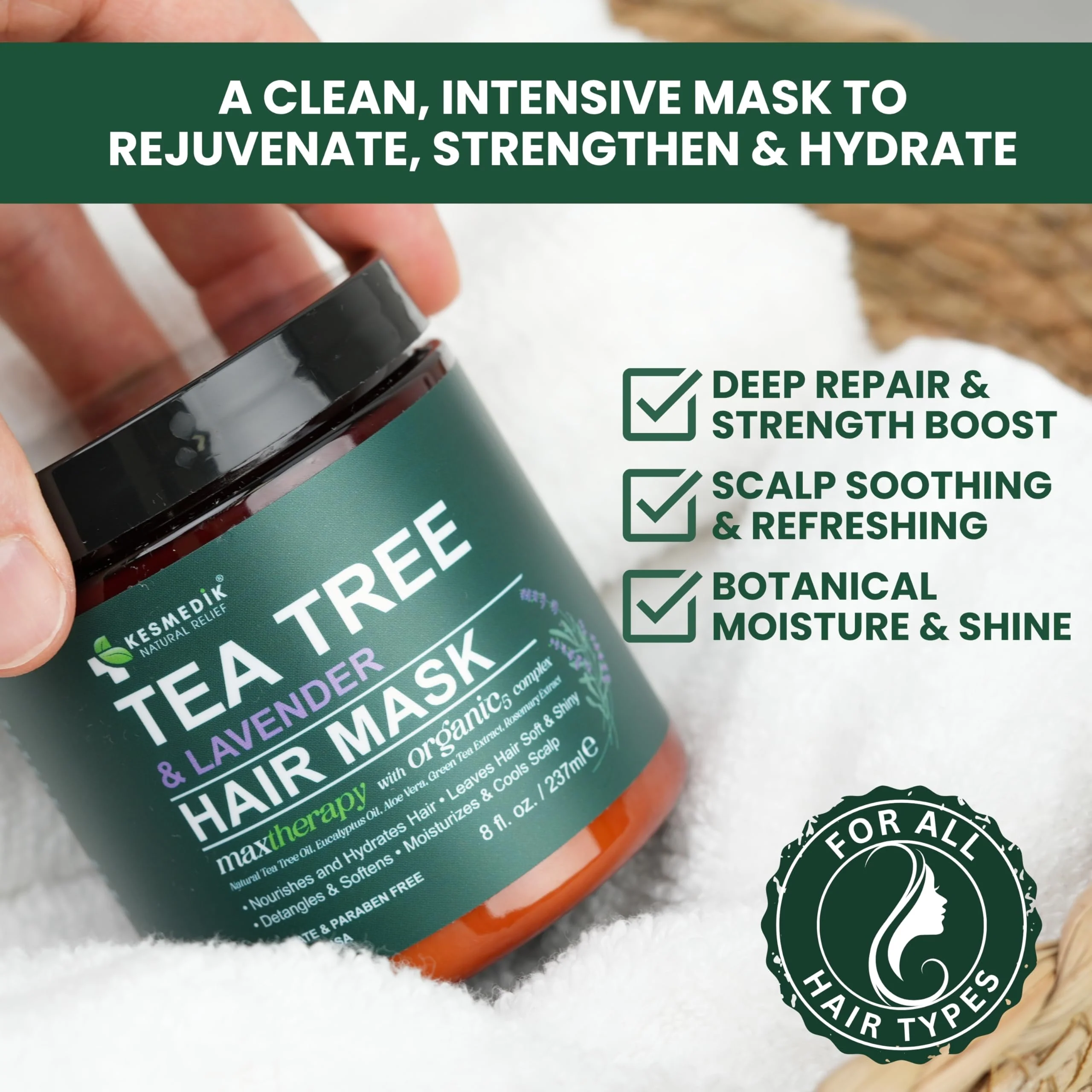 KESMEDIK Tea Tree Hair Mask with Rosemary & Lavender, Deep Conditioning Treatment for Dry, Damaged, Coarse Hair, Hydrating Hair Mask with Itchy Scalp Relief, Men & Women, Sulfate-Free - Image 2