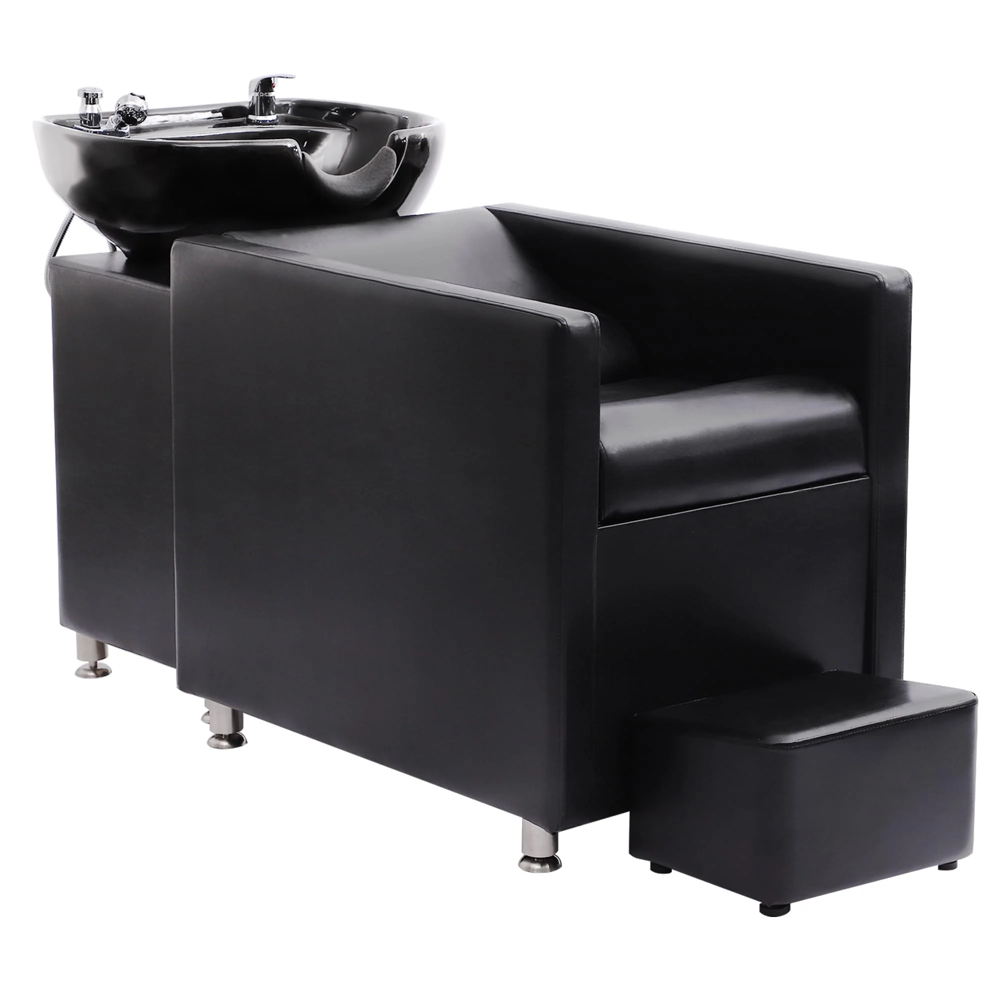 KIGOTY Shampoo Backwash Unit, Shampoo Bowl and Chair Set with Ceramic Sink, Reclining Shampoo Station with Footrest, Backwash Barber Chair for Salon Spa, Black