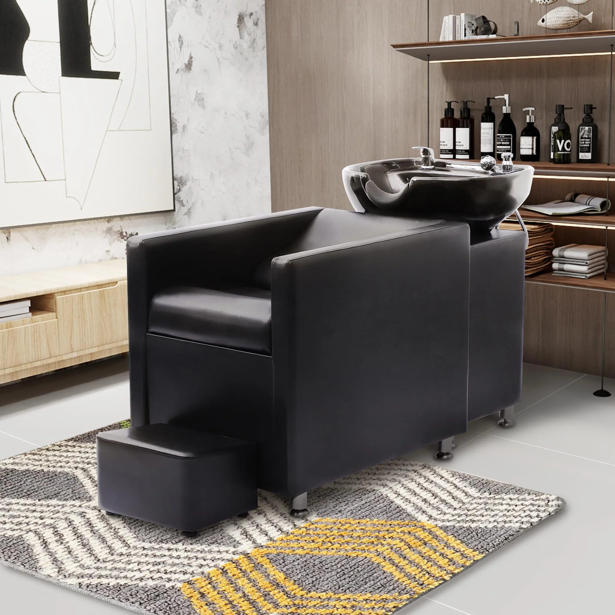 KIGOTY Shampoo Backwash Unit, Shampoo Bowl and Chair Set with Ceramic Sink, Reclining Shampoo Station with Footrest, Backwash Barber Chair for Salon Spa, Black - Image 6