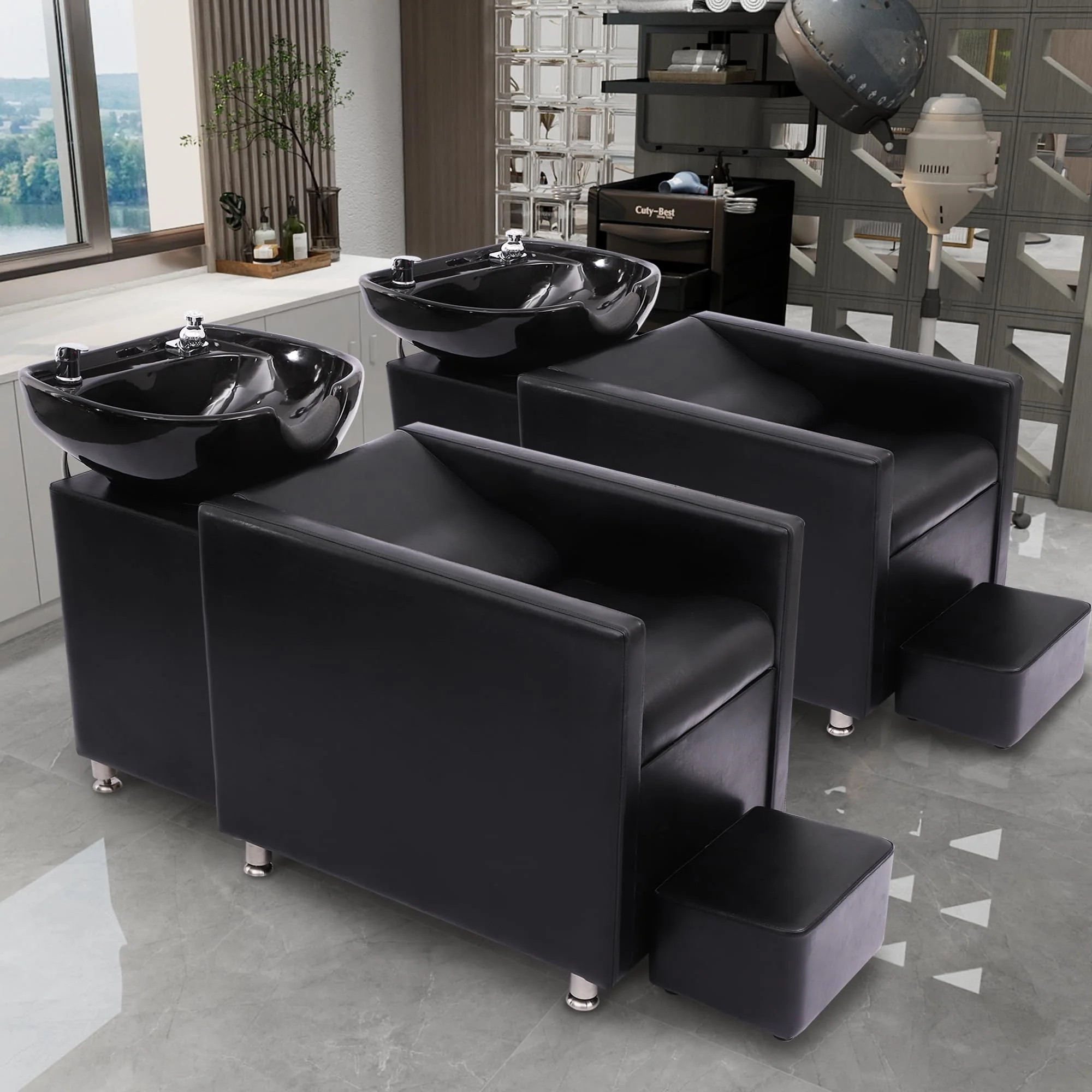 KIGOTY Shampoo Backwash Unit, Shampoo Bowl and Chair Set with Ceramic Sink, Reclining Shampoo Station with Footrest, Backwash Barber Chair for Salon Spa, Black - Image 8