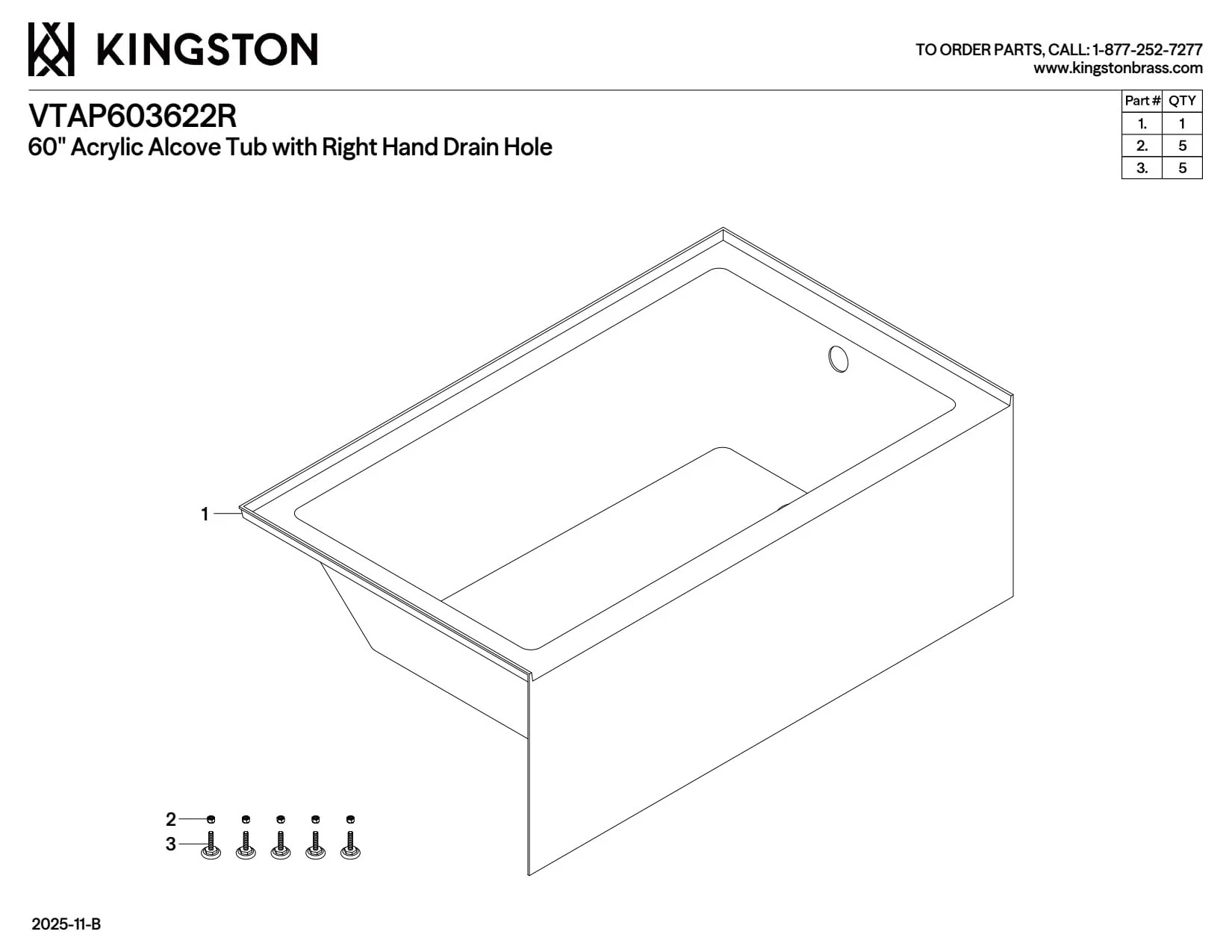 Kingston Brass Aqua Eden VTAP603622R 60-Inch Acrylic Alcove Tub with Right Hand Drain, White - Image 5