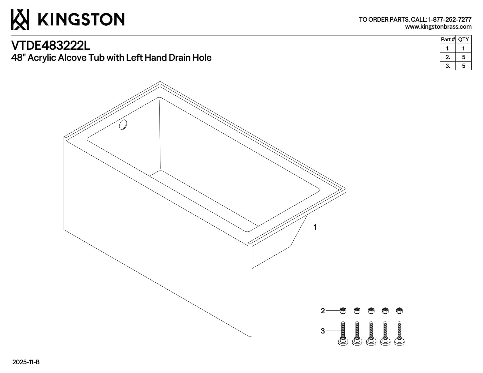 Kingston Brass Aqua Eden VTDE483222L Ambry 48-Inch Acrylic Alcove Tub with Left Hand Drain Hole, White - Image 6