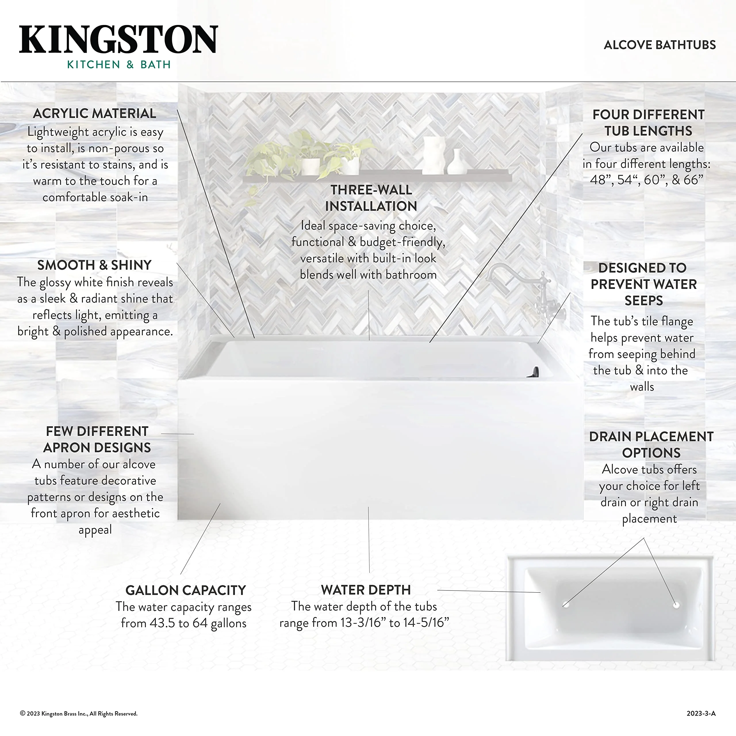 Kingston Brass VTAP543022R Aqua Eden Alcove Tub, White - Image 5