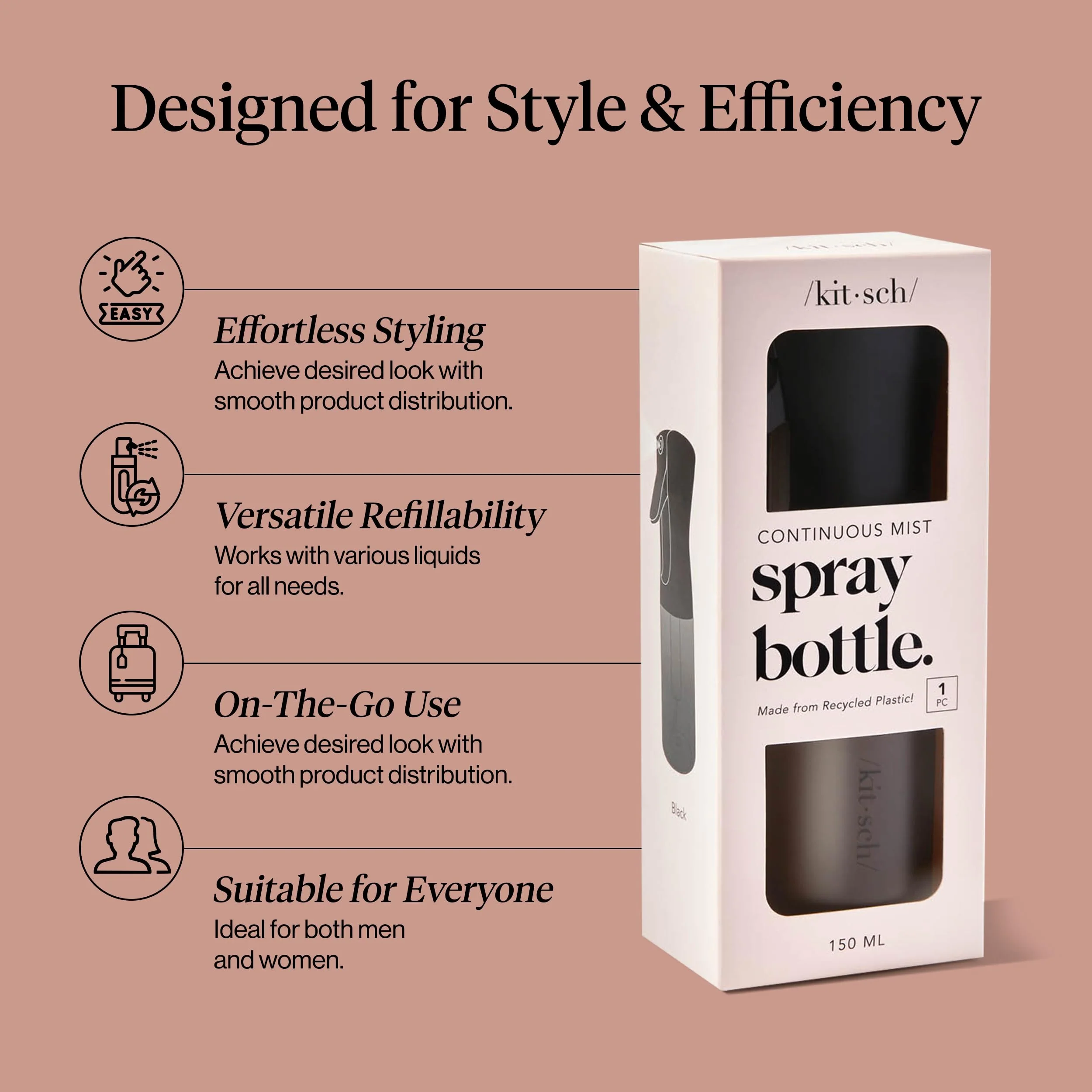 Kitsch Continuous Spray Bottle for Hair – Fine Mist Water Mister & Water Spray Bottle – Recycled Hair Spray Bottle – Spray Bottles for Cleaning, Styling, Plants & More – Black, 150ml - Image 3