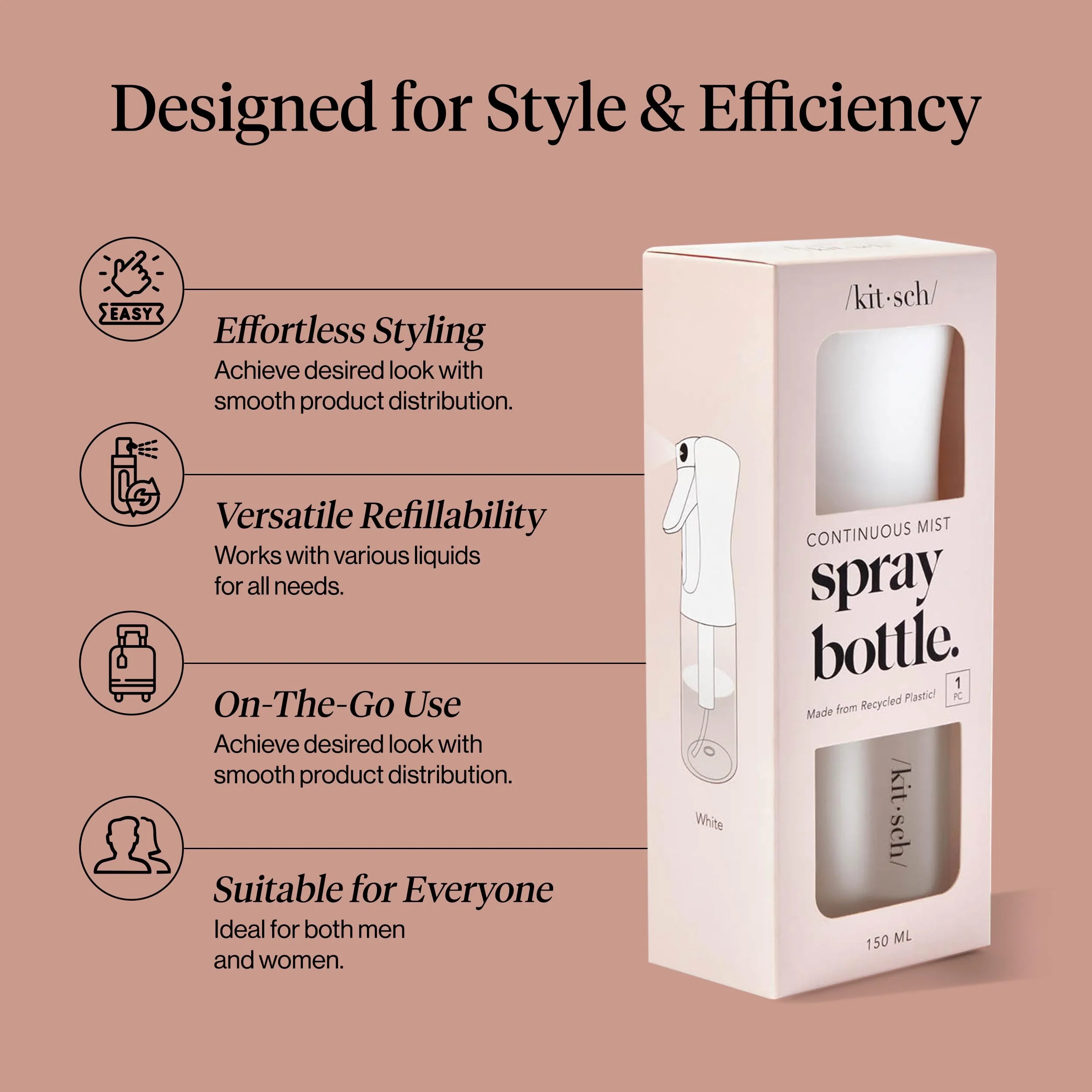 Kitsch Continuous Spray Bottle for Hair – Fine Mist Water Mister & Water Spray Bottle – Recycled Hair Spray Bottle – Spray Bottles for Cleaning, Styling, Plants & More – White, 150ml - Image 3