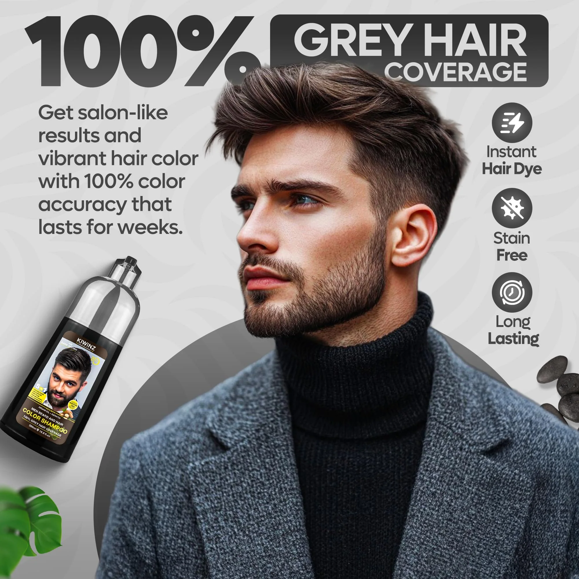 Kiwinz Professional Dark Brown Hair Color Shampoo for Men – 5 in 1 Hair Dye Shampoo for Grey Hair - Instant Hair Dye with 100% Color Accuracy with Natural Ingredients - Ammonia Free - 500ml - Image 4