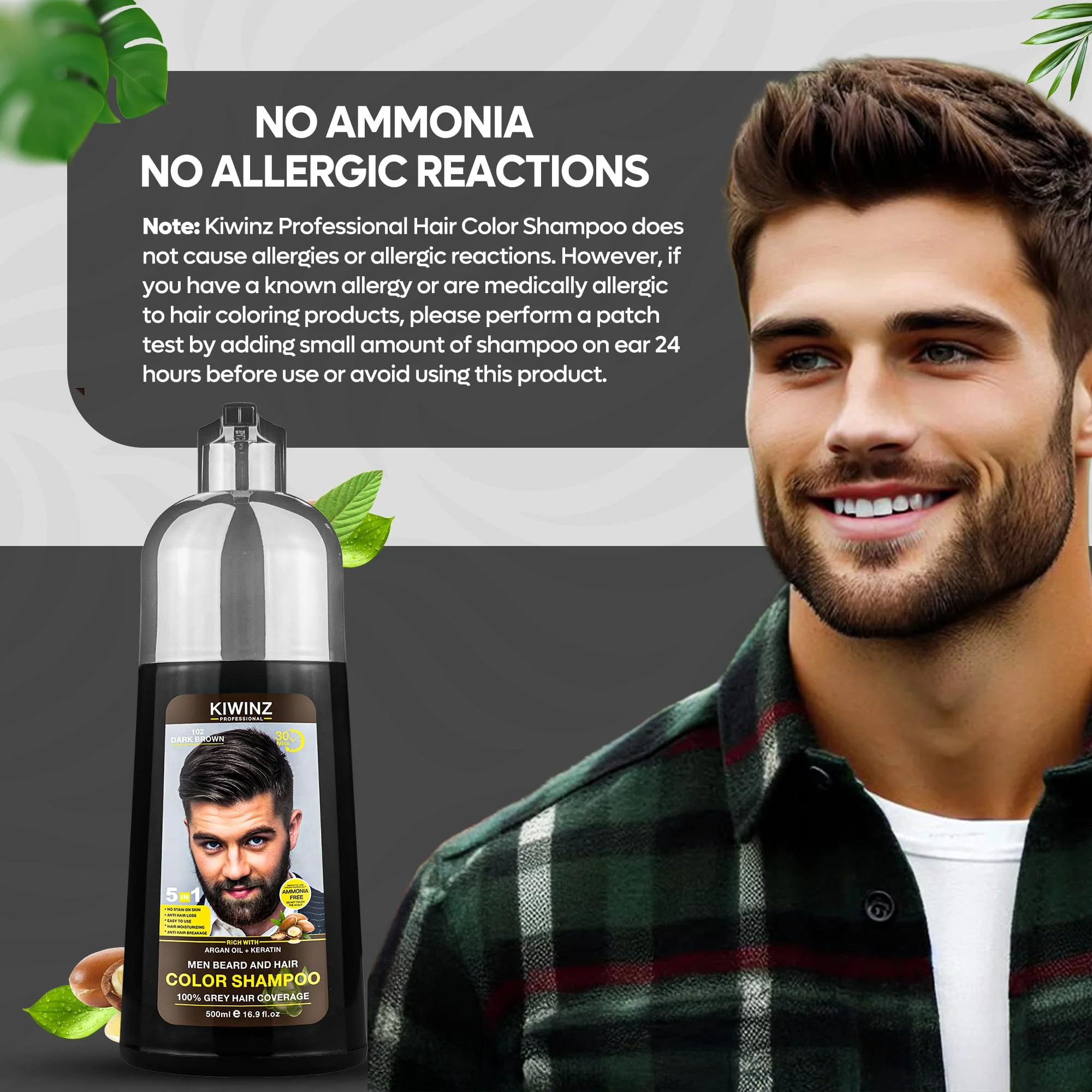 Kiwinz Professional Dark Brown Hair Color Shampoo for Men – 5 in 1 Hair Dye Shampoo for Grey Hair - Instant Hair Dye with 100% Color Accuracy with Natural Ingredients - Ammonia Free - 500ml - Image 5