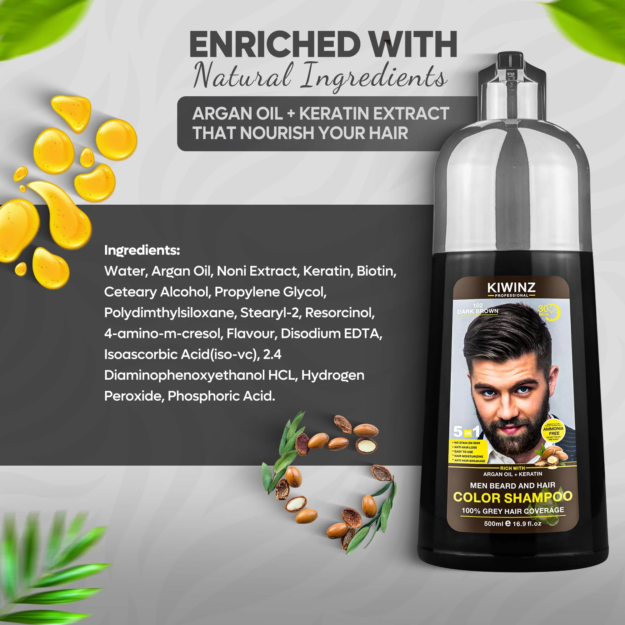 Kiwinz Professional Dark Brown Hair Color Shampoo for Men – 5 in 1 Hair Dye Shampoo for Grey Hair - Instant Hair Dye with 100% Color Accuracy with Natural Ingredients - Ammonia Free - 500ml - Image 6