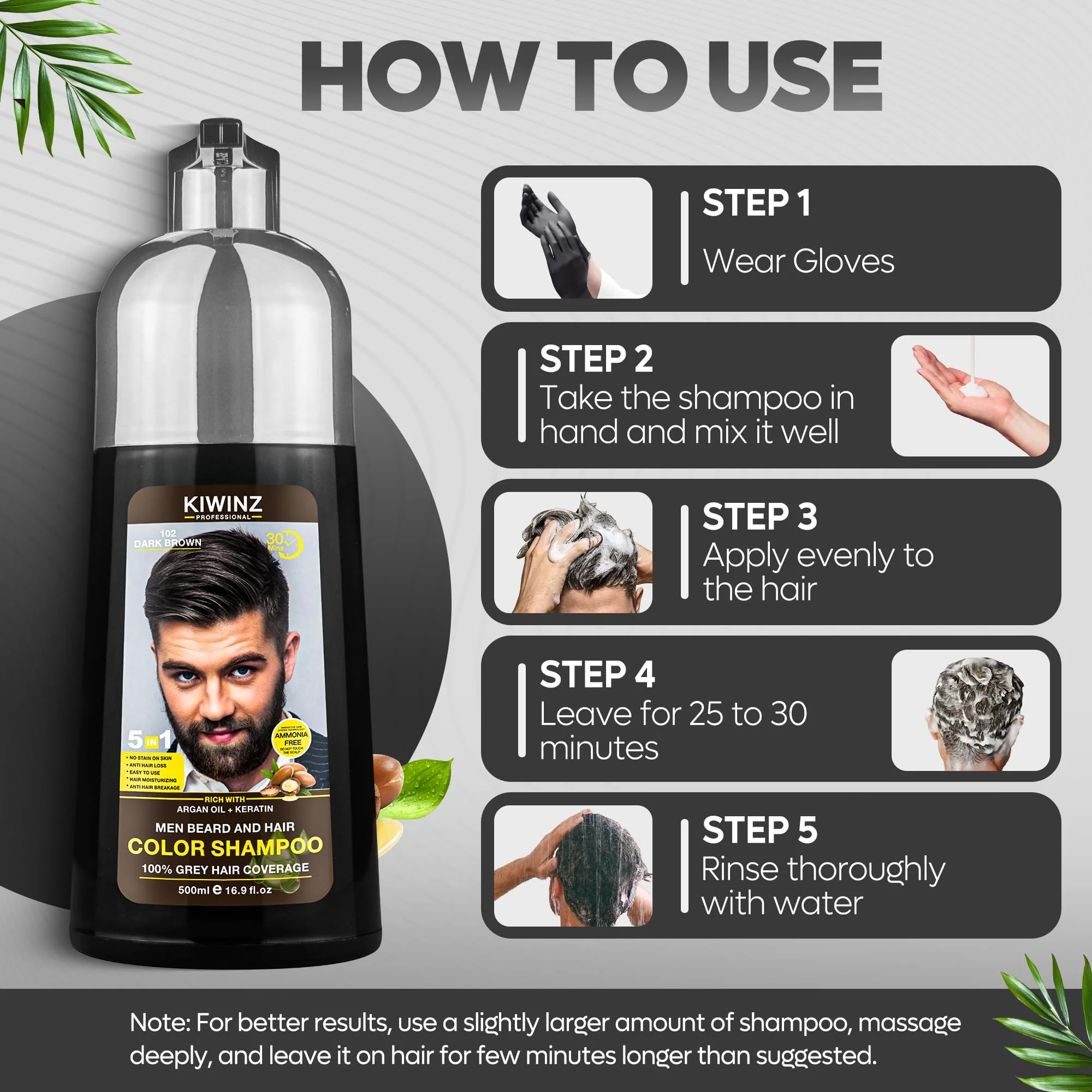 Kiwinz Professional Dark Brown Hair Color Shampoo for Men – 5 in 1 Hair Dye Shampoo for Grey Hair - Instant Hair Dye with 100% Color Accuracy with Natural Ingredients - Ammonia Free - 500ml - Image 7