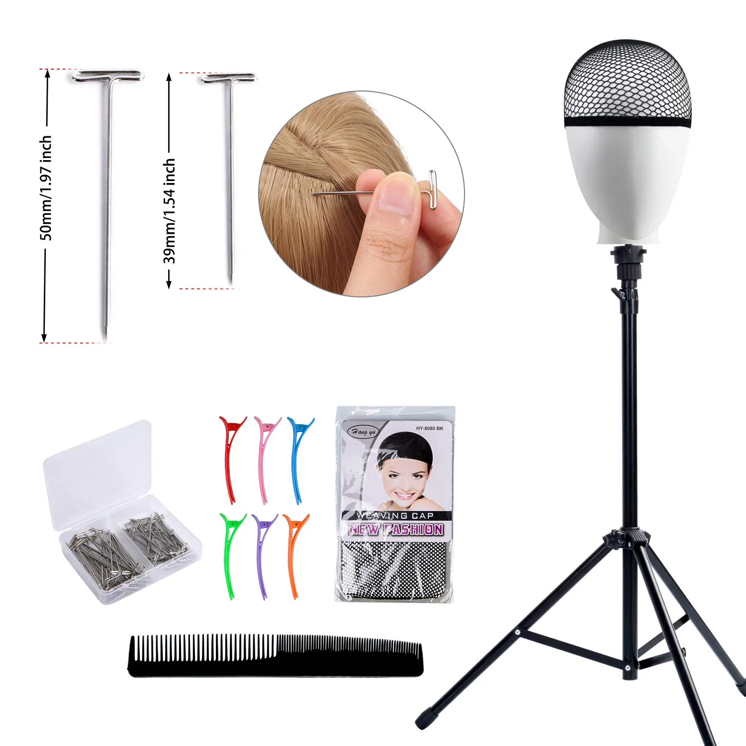 Klvied Reinforced Wig Stand Tripod Mannequin Head Stand, Adjustable Holder for Cosmetology Hairdressing Training with T-with Caps, T-Pins, Comb, Hair Clip, Carrying Bag - Image 4