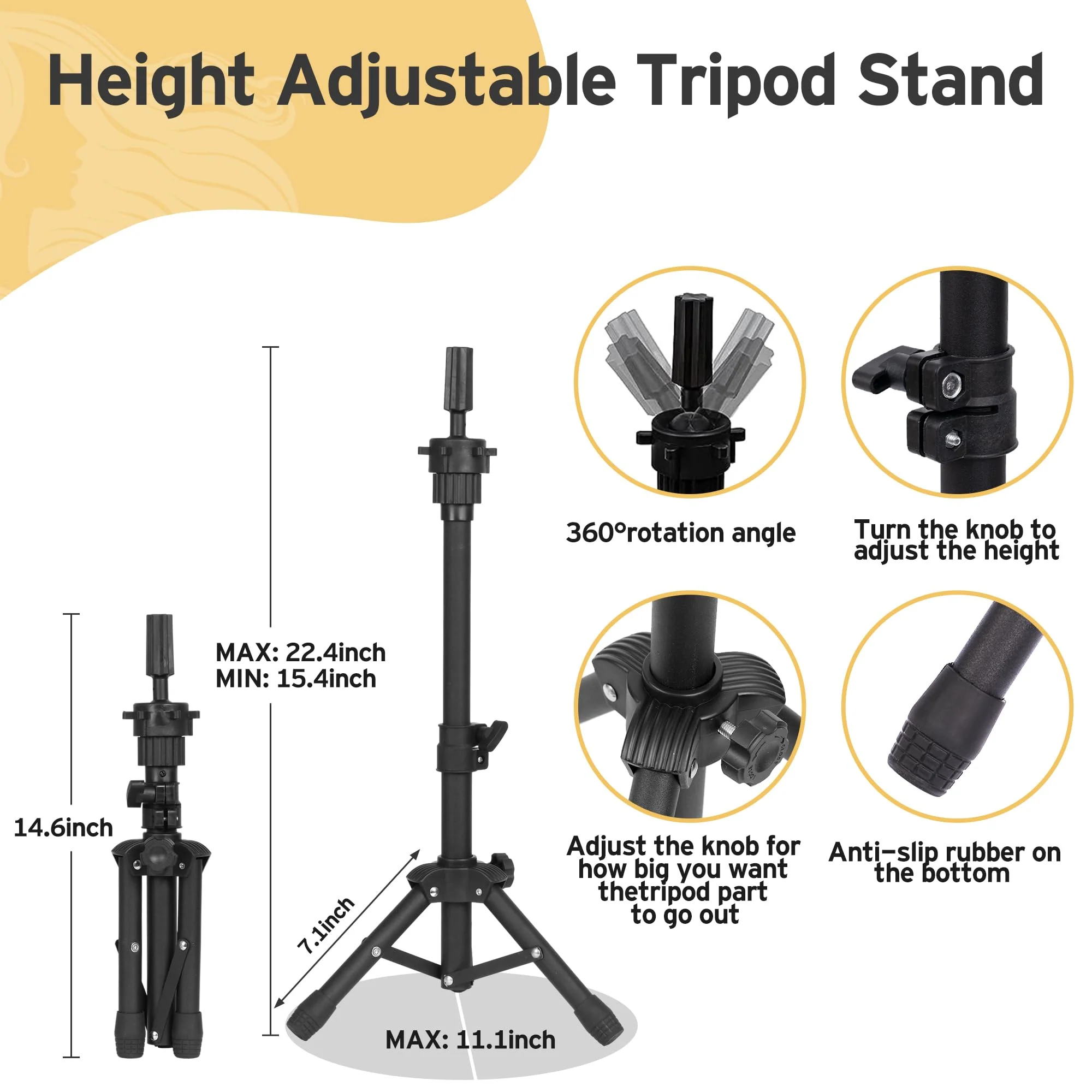 Klvied Wig Mannequin Stand for Desktop, Dual-use 22 Inch Canvas Wig Head Display, Adjustable Clamp Wig Holder, Manikin Head Stand Set for Cosmetology Hairdressing Training with Carrying Case - Image 6