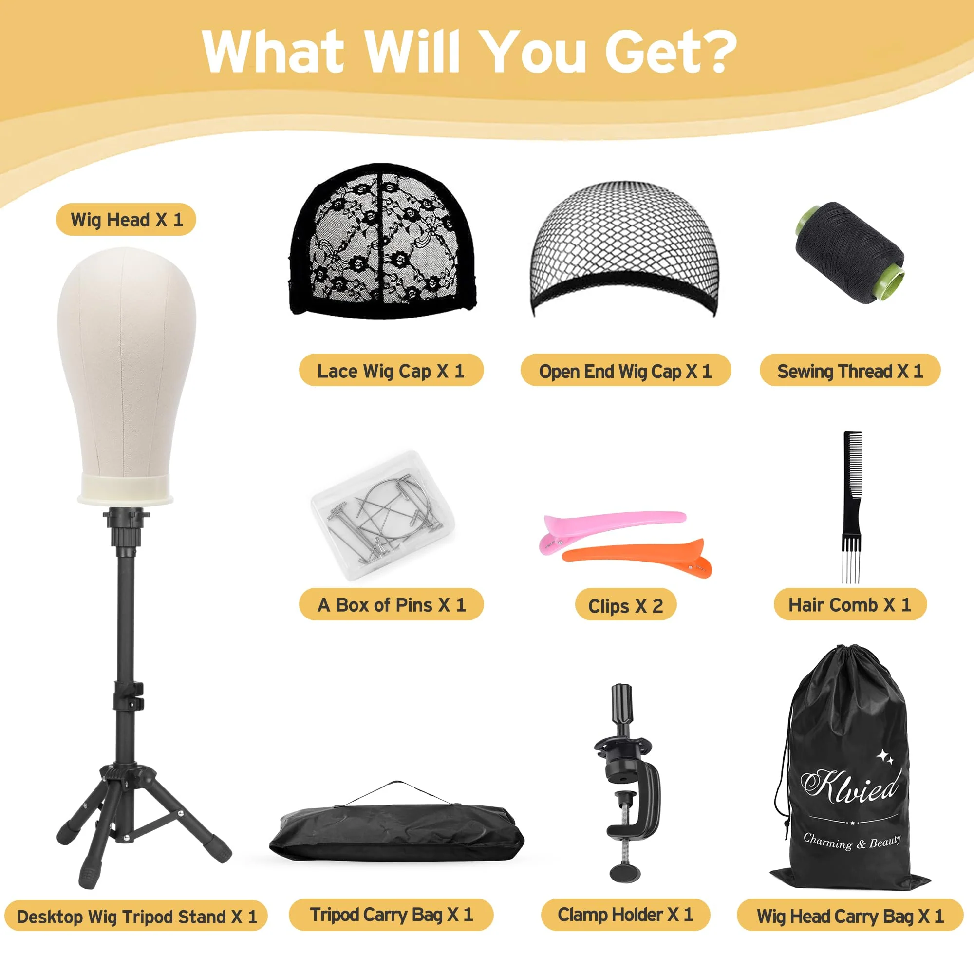 Klvied Wig Mannequin Stand for Desktop, Dual-use 22 Inch Canvas Wig Head Display, Adjustable Clamp Wig Holder, Manikin Head Stand Set for Cosmetology Hairdressing Training with Carrying Case - Image 8