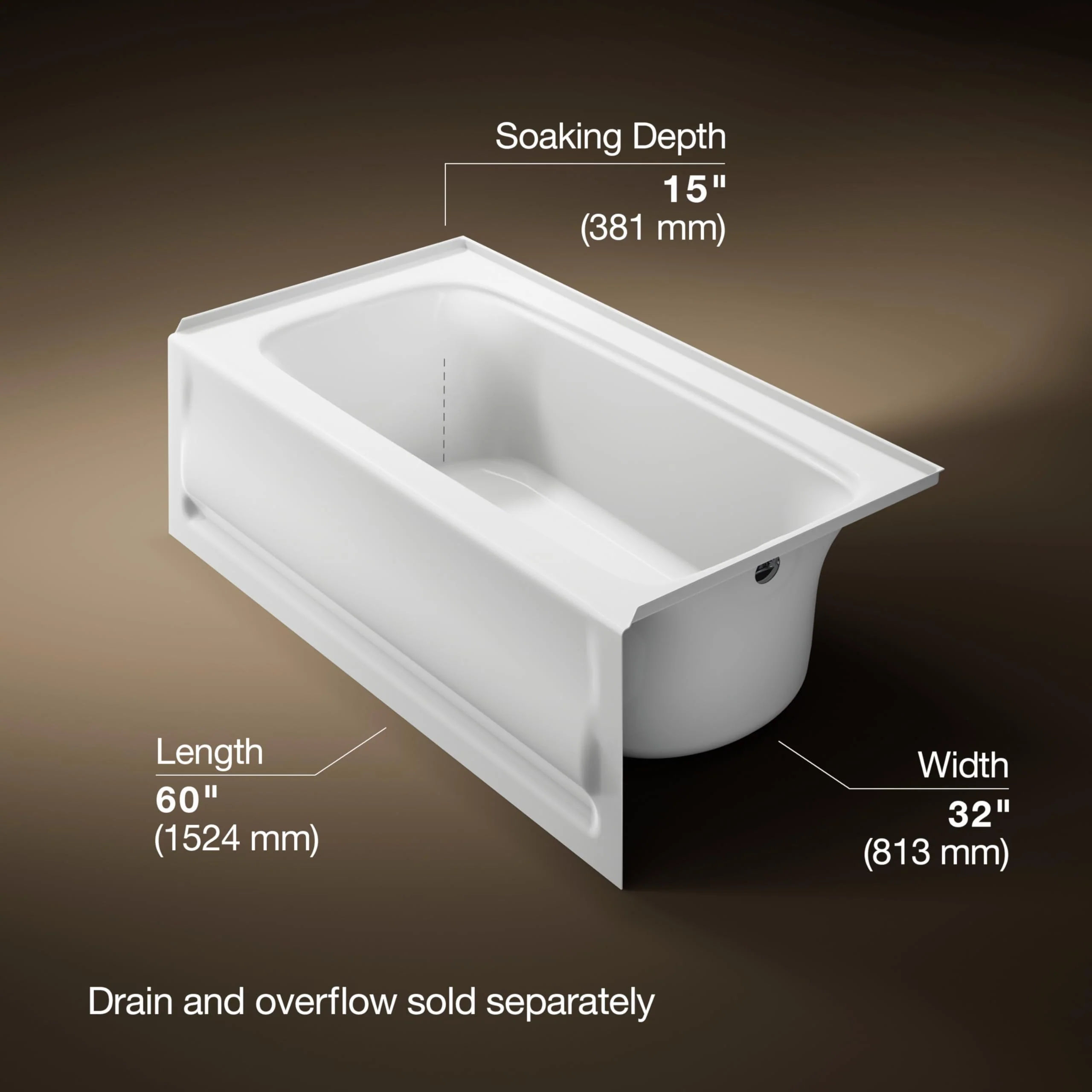 KOHLER 1150-RA-0 Bancroft 60" x 32" Acrylic Alcove Bathtub with Integral Flange and Right Hand Drain, Integral Apron, White - Image 3