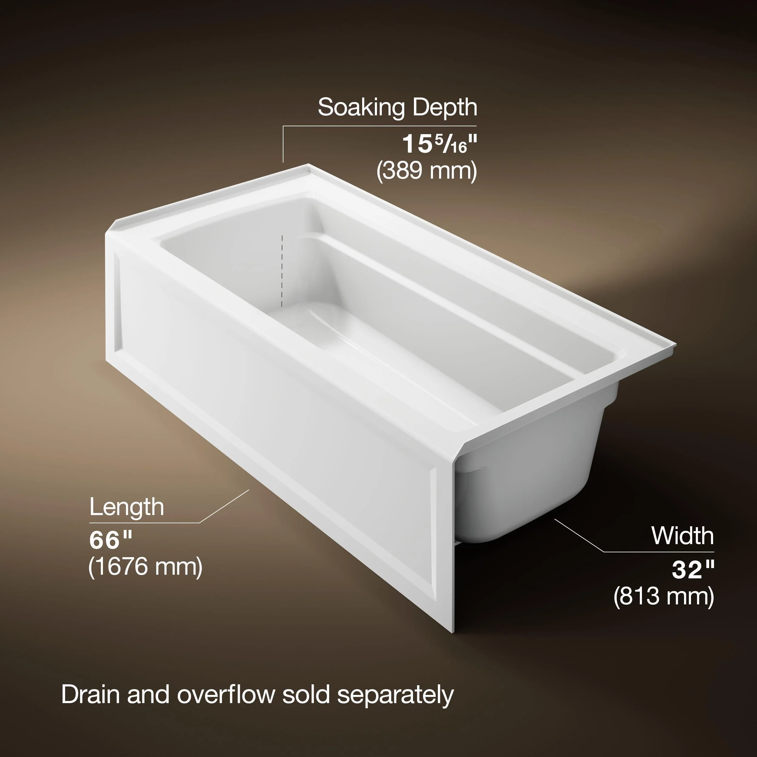 Kohler 1948-RA-0 Archer® 66" x 32" alcove bath, right drain, White - Image 3