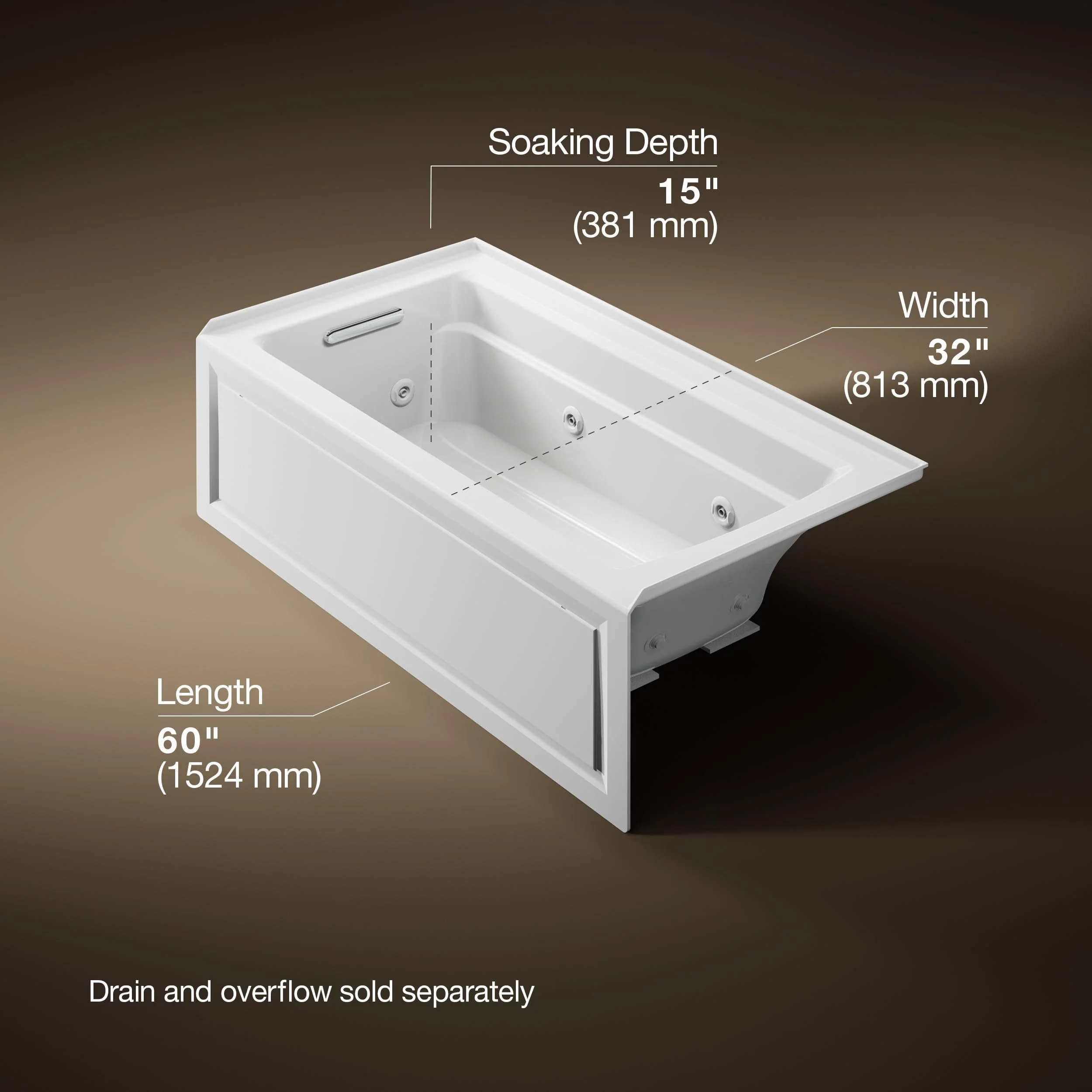 Kohler K-1122-HL-0 Archer 60"x32" alcove whirlpool with integral apron, left hand drain and heater, White - Image 3