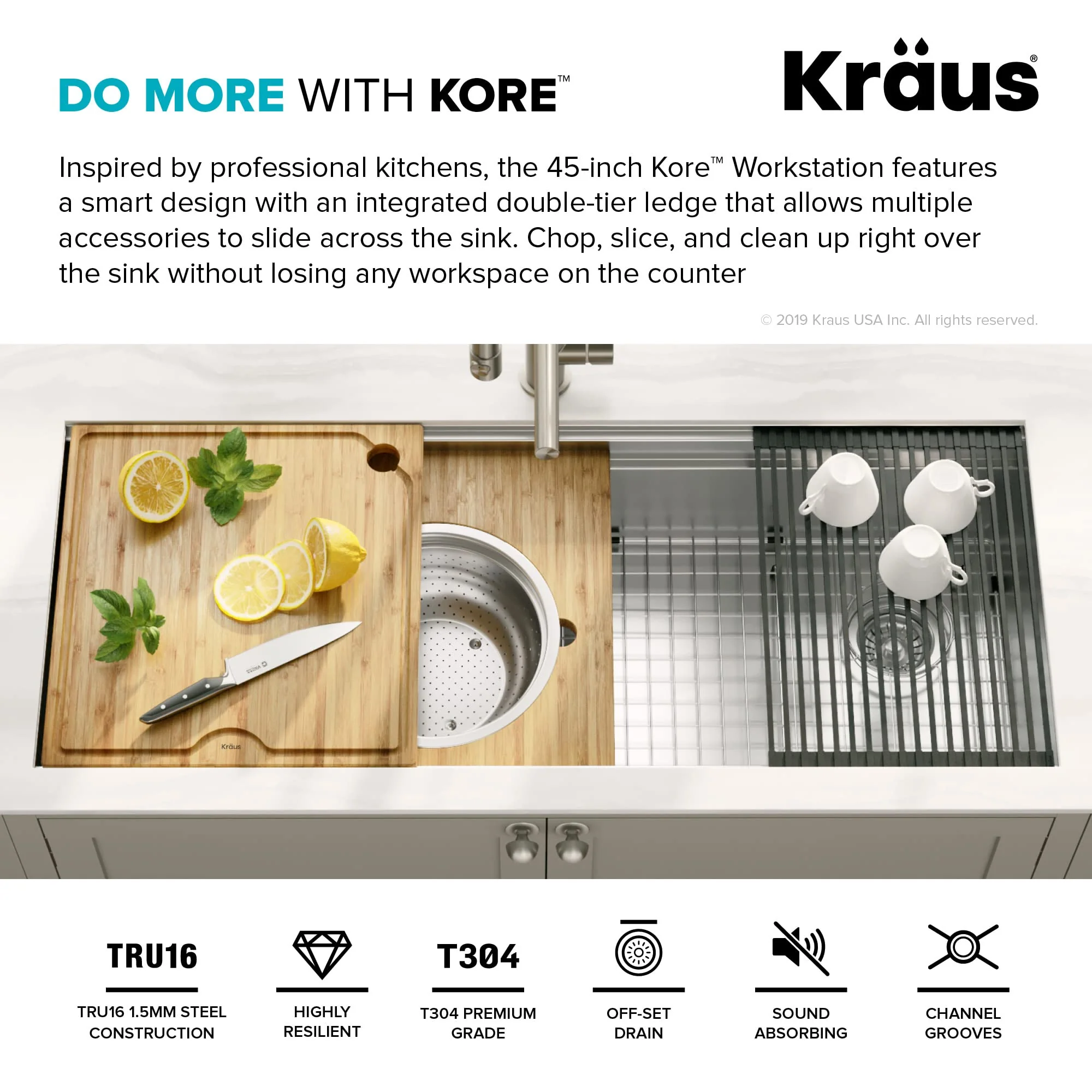 KRAUS Kore Workstation 45-inch Undermount 16 Gauge Stainless Steel Kitchen Sink, Single Bowl Kitchen Sink with Accessories, KWU120-45 - Image 8