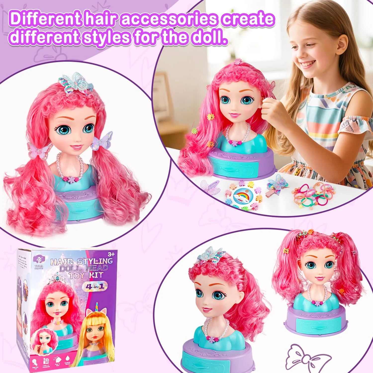 Kryonixty 4-in-1 Doll Head for Hair Styling Kids-9Inch,41pcs Hair Salon Toys Makeup Kit Princess Accessories Pretend Play Toys Birthday Gifts for 3-8 Year Old Girls - Image 5