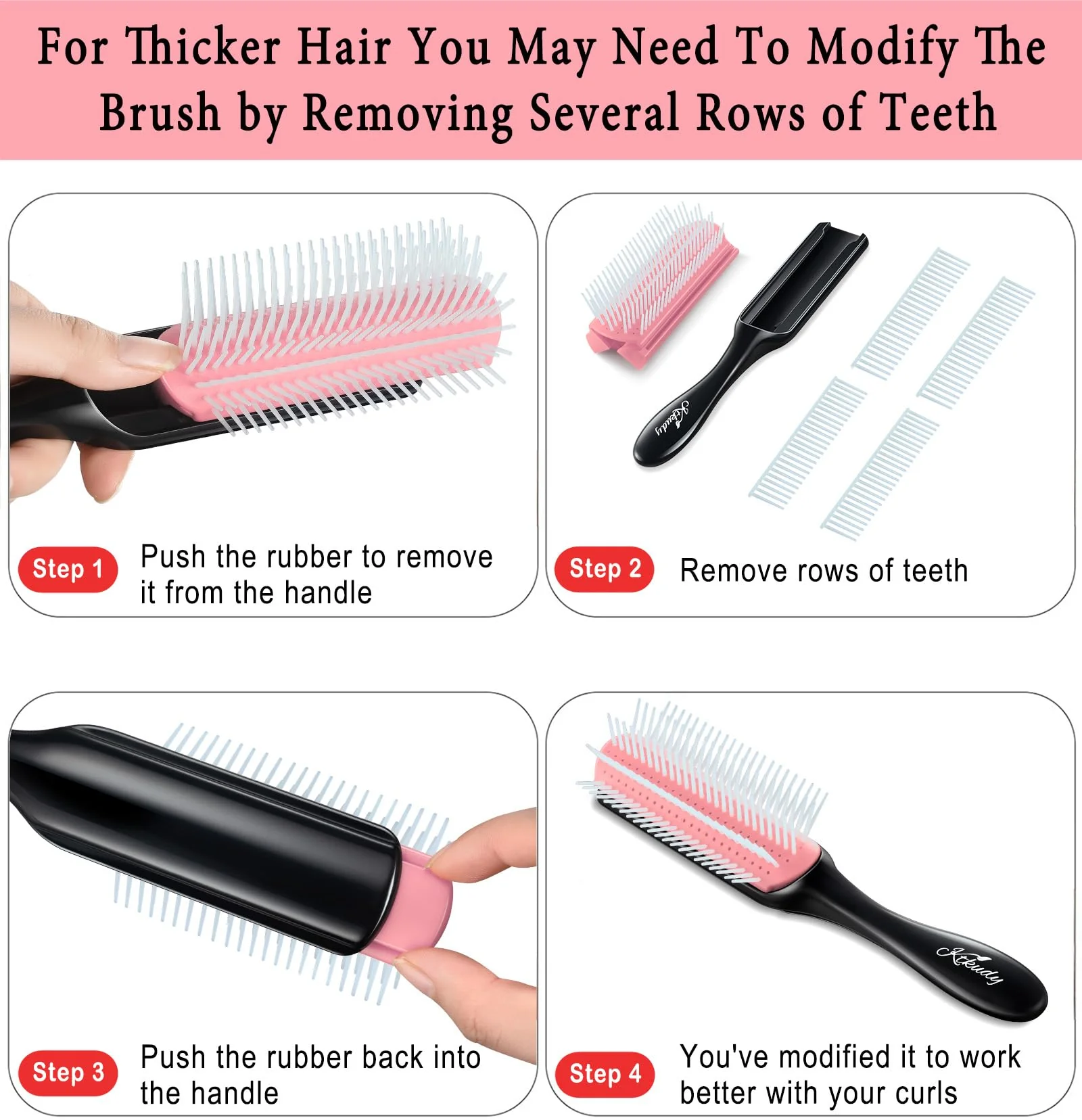 KTKUDY 9 Row Defining Brush for Shaping and Finishing Curls - Detangling Blow-Drying Brush for Thick, Wavy or Coily Hair (Black&Pink) - Image 4
