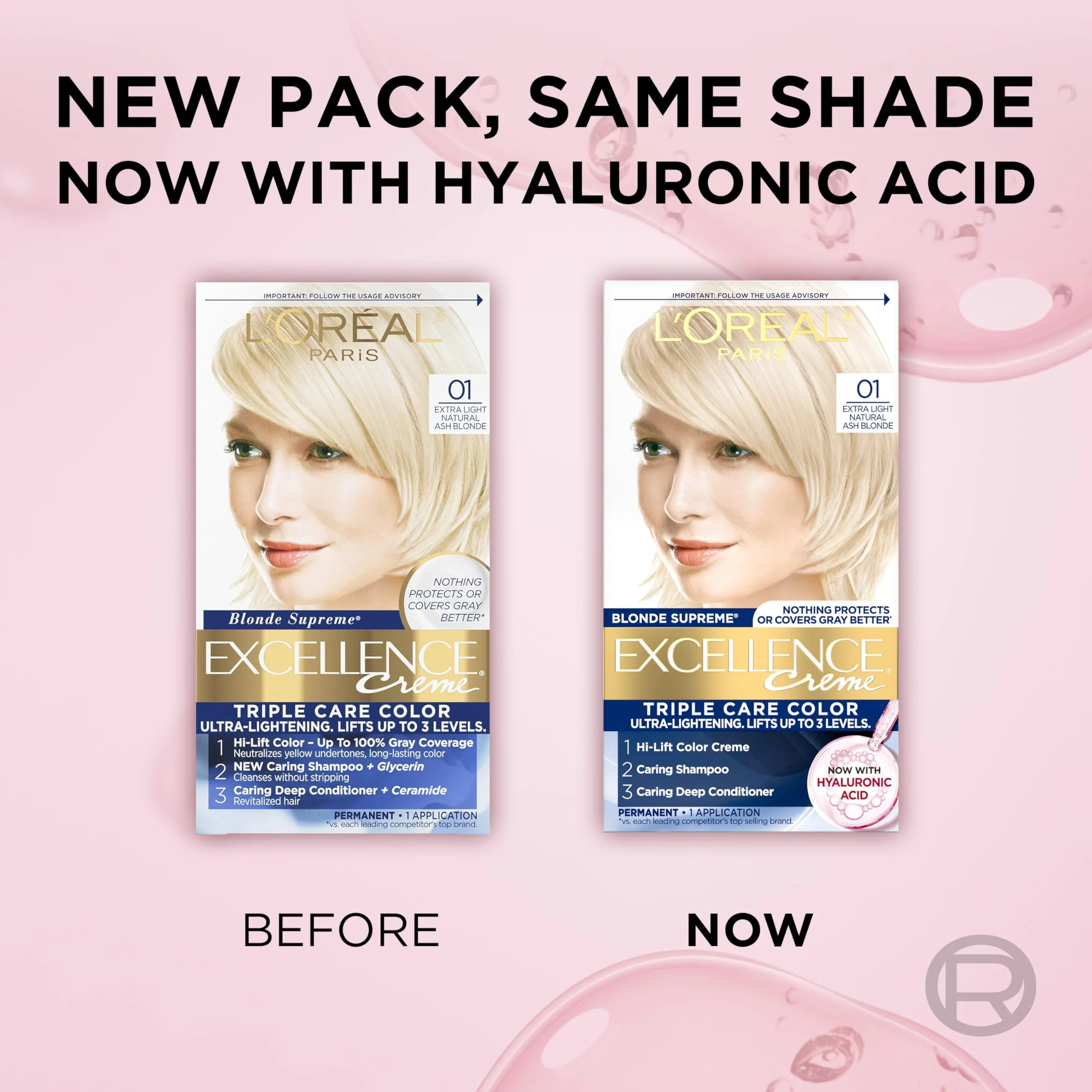 L'Oreal Paris Excellence Crème Permanent Hair Dye, Triple Care Hair Color with Hyaluronic Acid for 100% Gray Coverage, 01 Extra Light Natural Ash Blonde, 1 Kit (Packaging May Vary) - Image 9