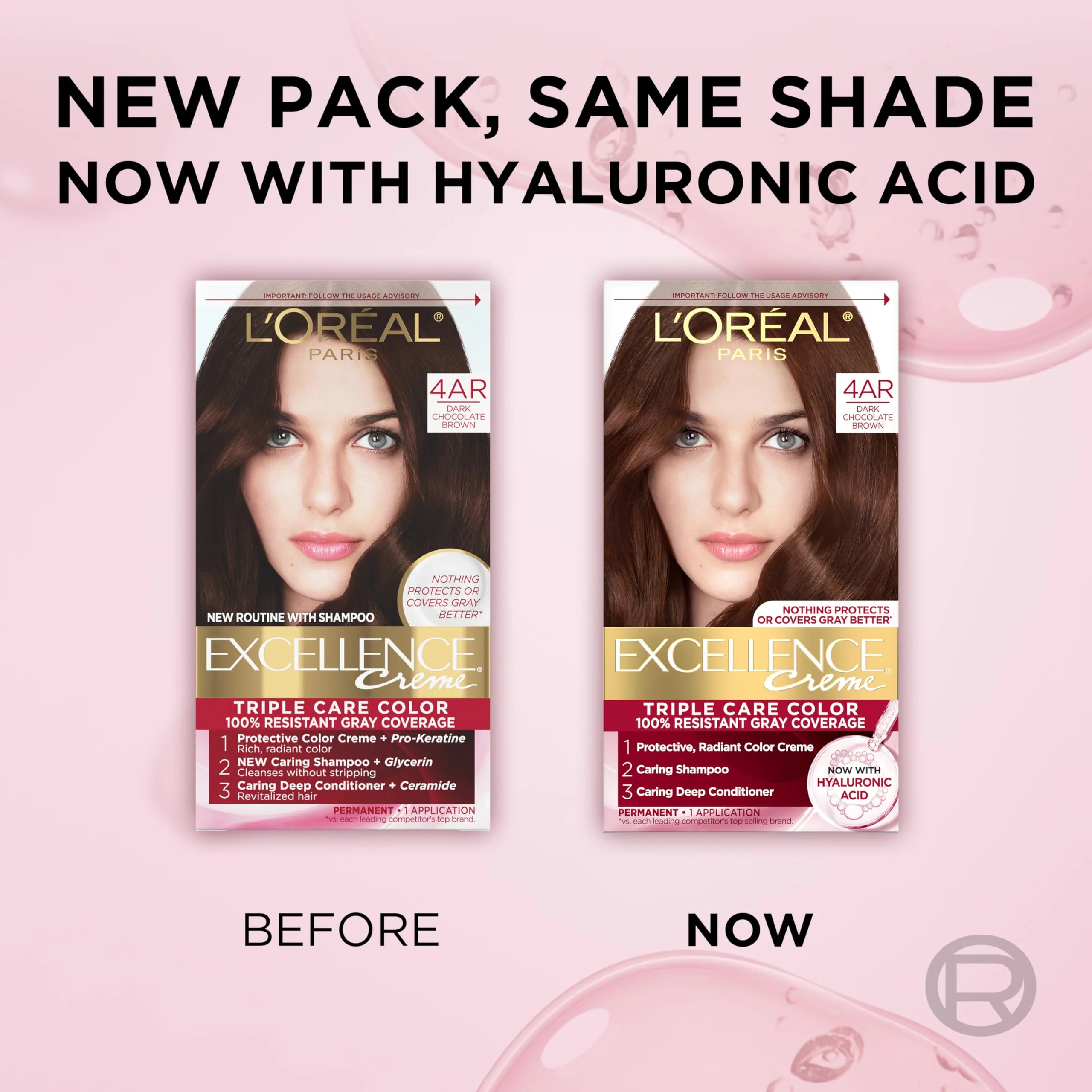 L'Oreal Paris Excellence Crème Permanent Hair Dye, Triple Care Hair Color with Hyaluronic Acid for 100% Gray Coverage, 4AR Dark Chocolate Brown, 1 Kit (Packaging May Vary) - Image 9