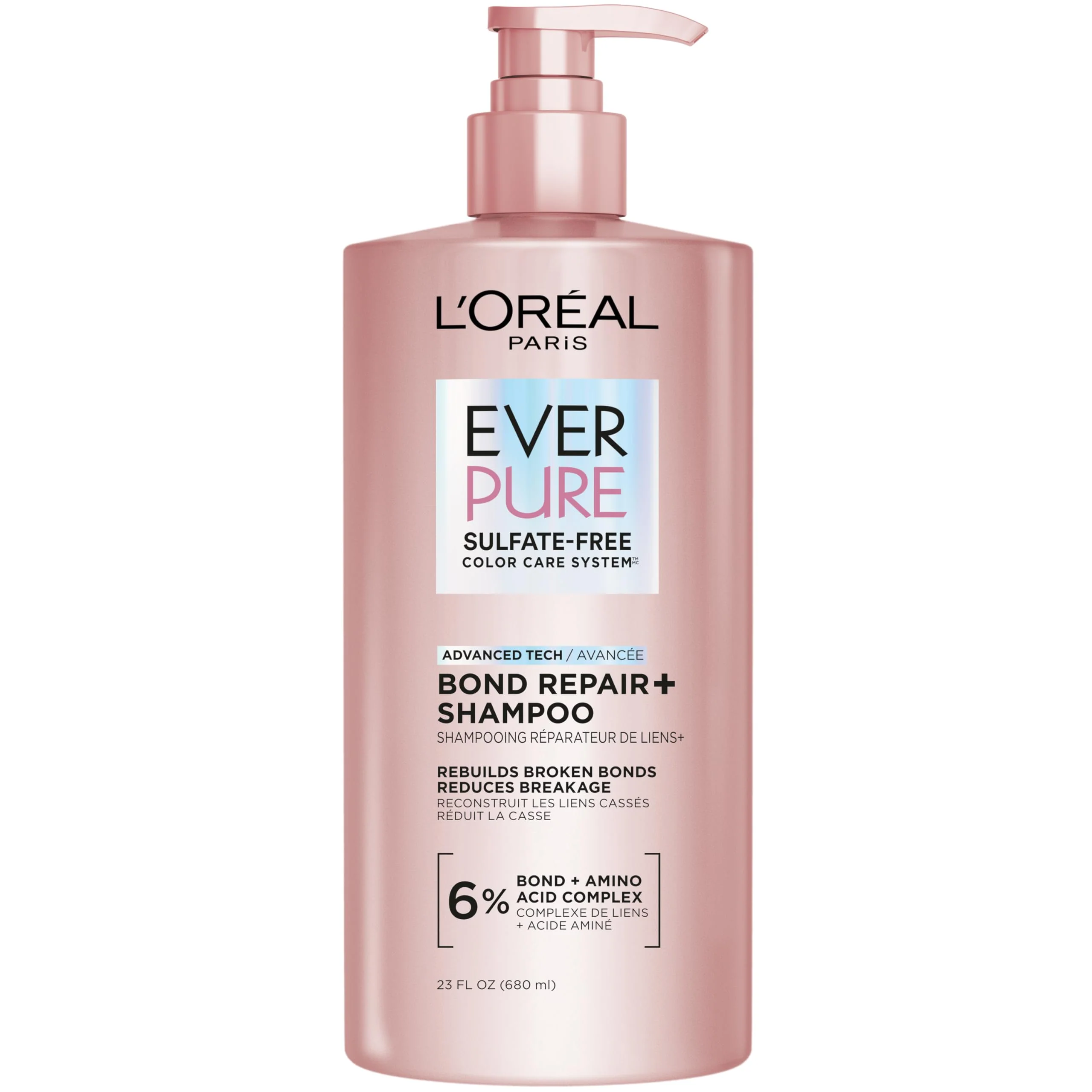 L'Oreal Paris Sulfate Free Bond Repair+ Shampoo, Hair Shampoo with Amino Acid Complex, Strengthens and Repairs Damaged or Color Treated Hair, EverPure, 23 Fl Oz (Packaging May Vary)