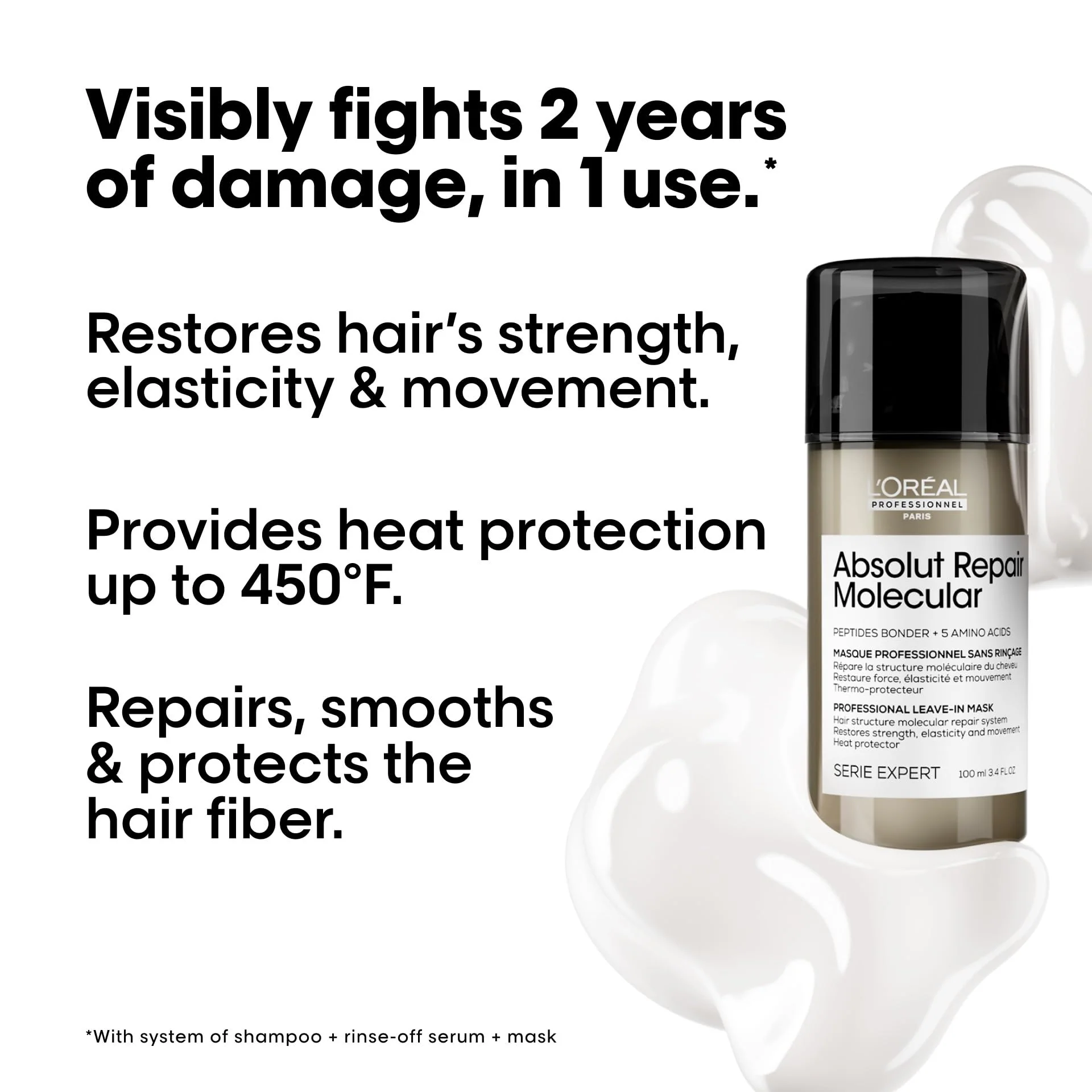 L'Oréal Professionnel Paris Absolut Repair Molecular Leave In Mask - Smooths and Strengthens Hair For All Damaged Hair Types, Provides Heat Protection - Image 5