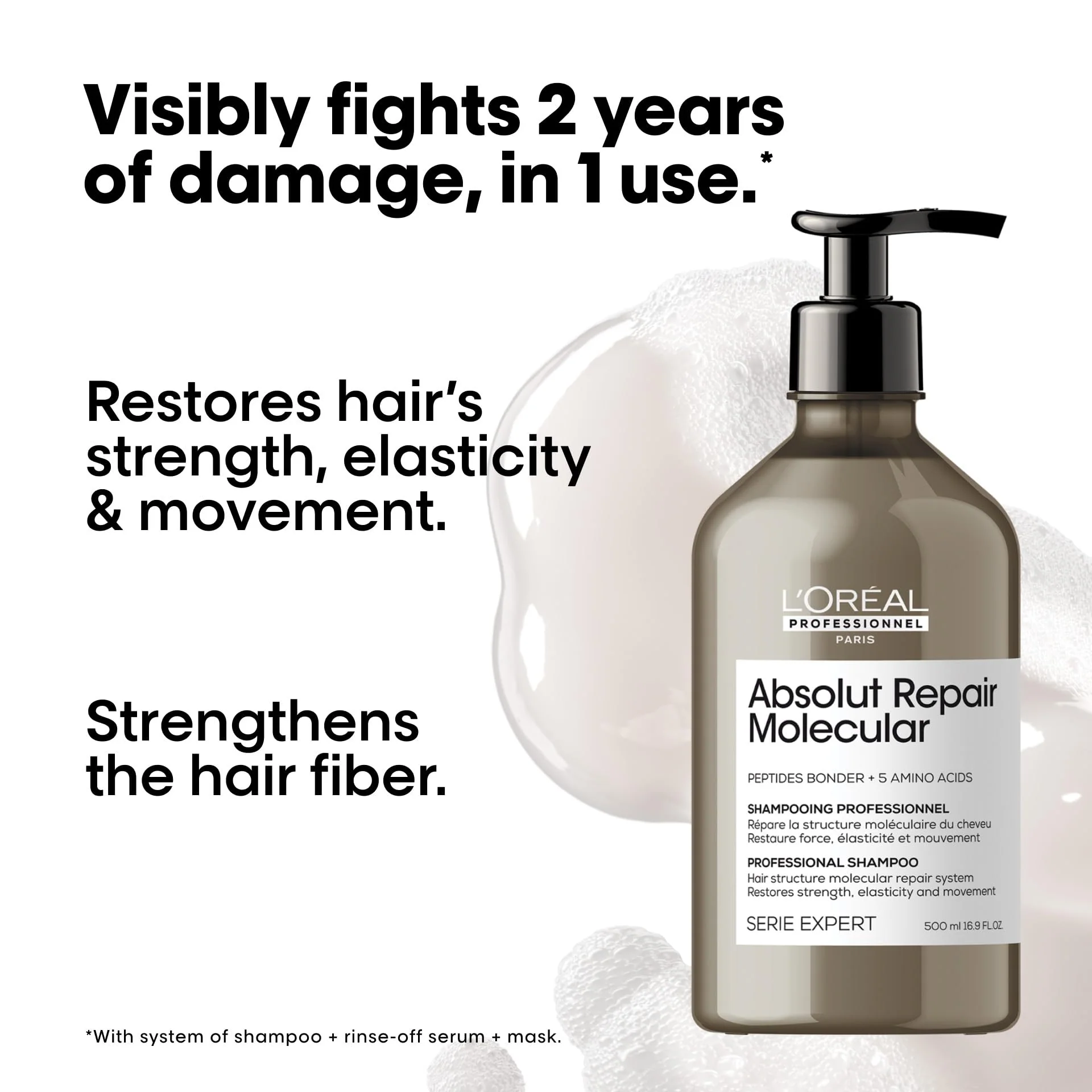 L'Oréal Professionnel Paris Absolut Repair Molecular Shampoo - Bond Building & Hair Strengthening Shampoo, For All Color Treated and Damaged Hair, With Peptide Bonder & Amino Acids, Sulfate-Free - Image 5