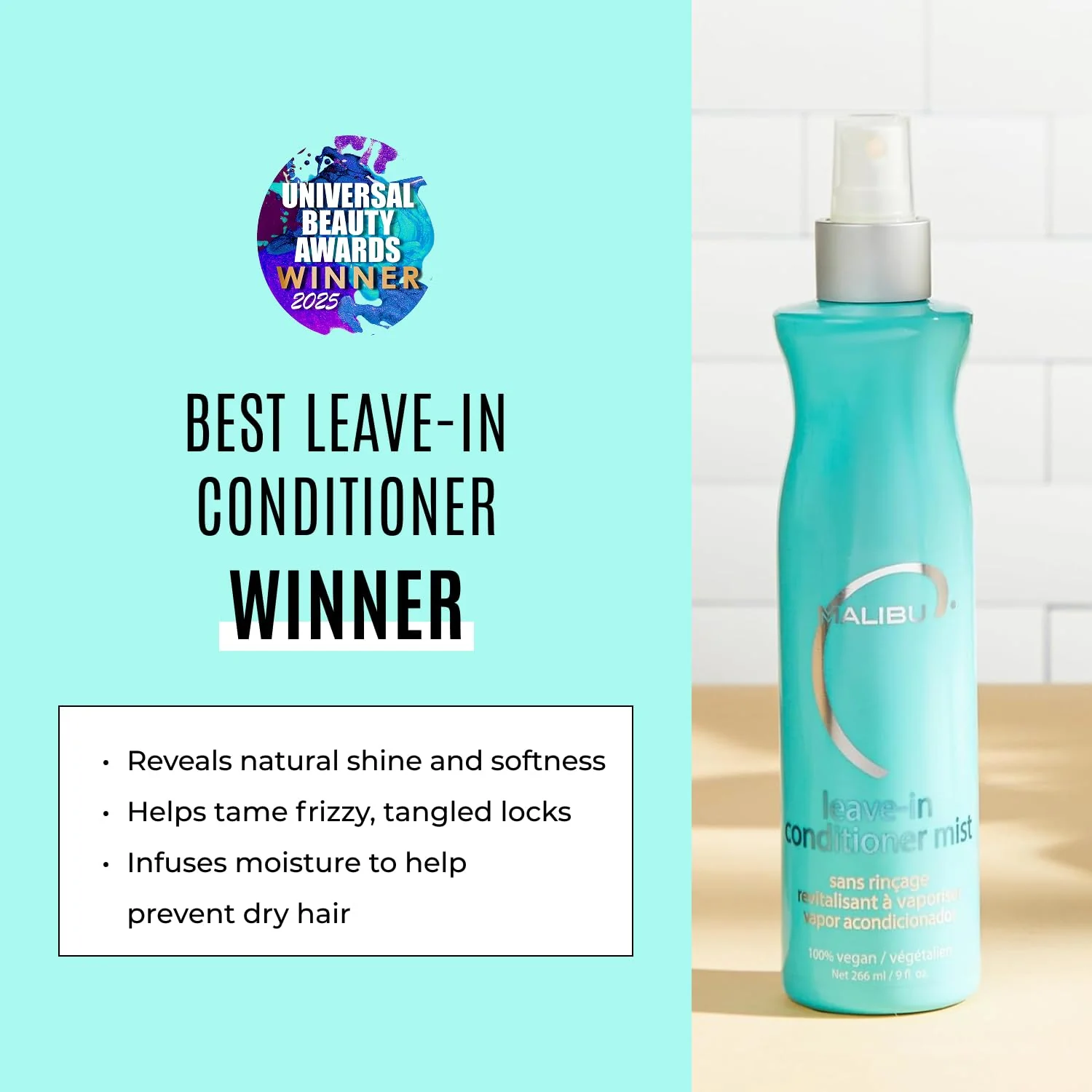 Malibu C Leave In Conditioner & Moisturizing Heat Protectant for Hair - Adult & Kids Hair Detangler Spray for Daily & Post Swim to Help Prevent Color Fading with UV Protection (9oz) - Image 2