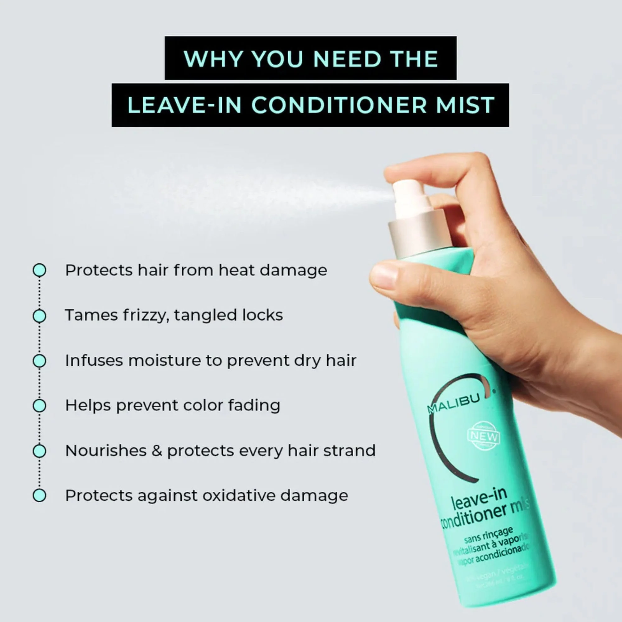 Malibu C Leave In Conditioner & Moisturizing Heat Protectant for Hair - Adult & Kids Hair Detangler Spray for Daily & Post Swim to Help Prevent Color Fading with UV Protection (9oz) - Image 3